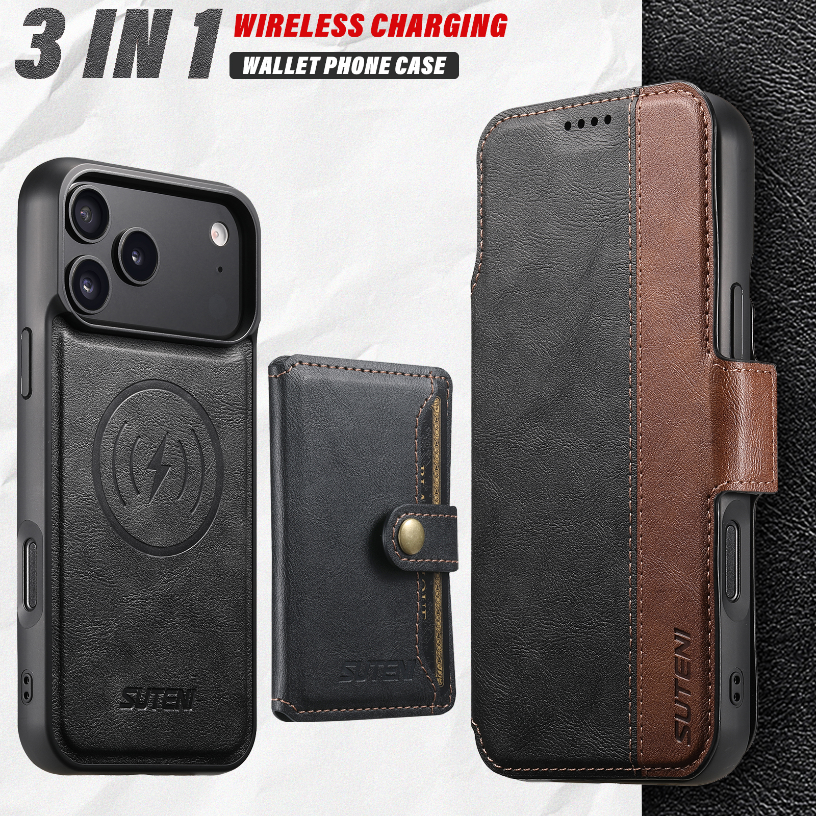 SUTENI Q07S1 Faux Leather Wireless Charging Card Holder Stand Wallet Magnetic Flip Cover Phone Case For iPhone 17 Pro Max 16 Plus 15 14 13 12