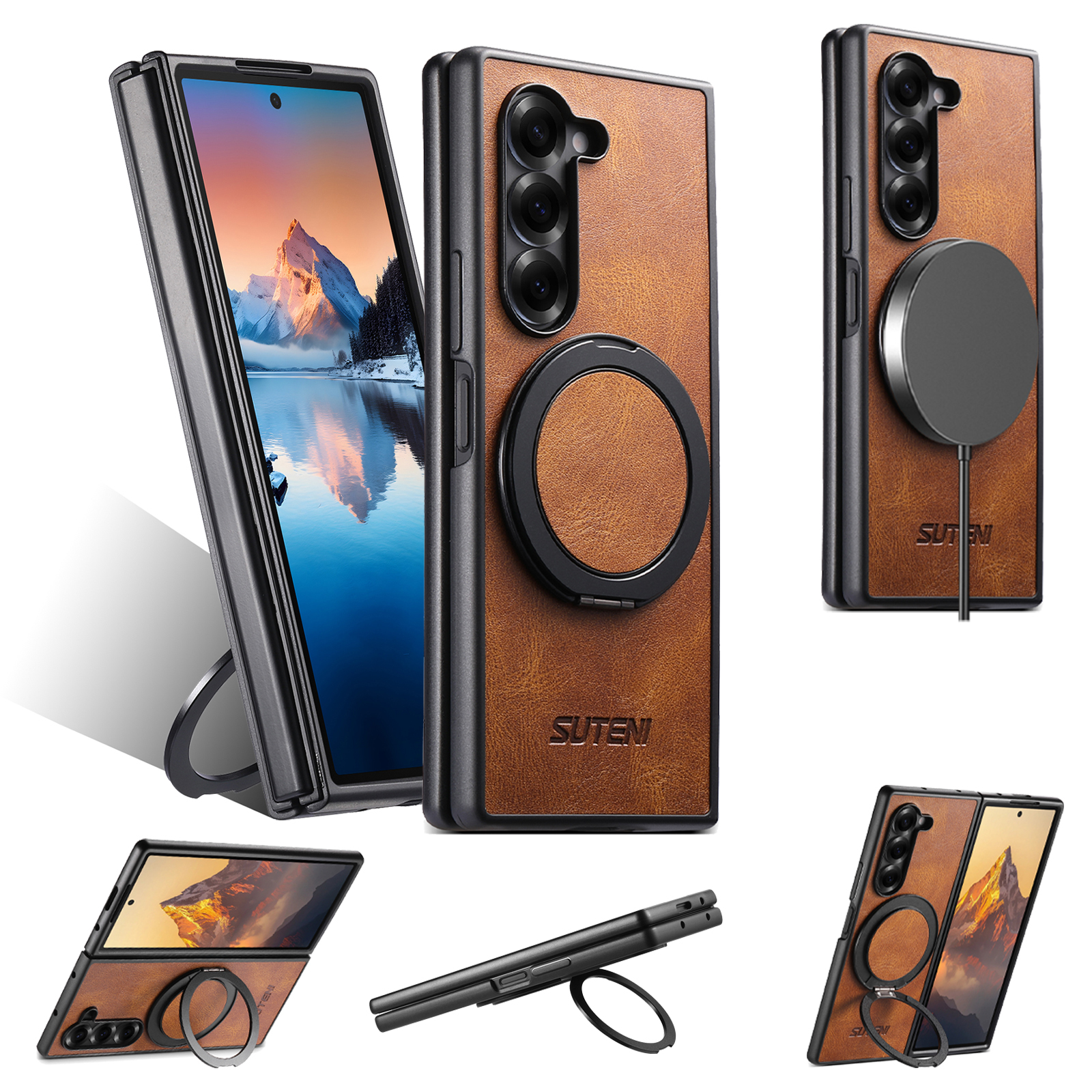 SUTENI G3YL Magnet Wireless Charging Phone Case Oil Wax Faux Leather 360° Rotating Stand Buckle For Samsung Galaxy Z Fold 7 6 5