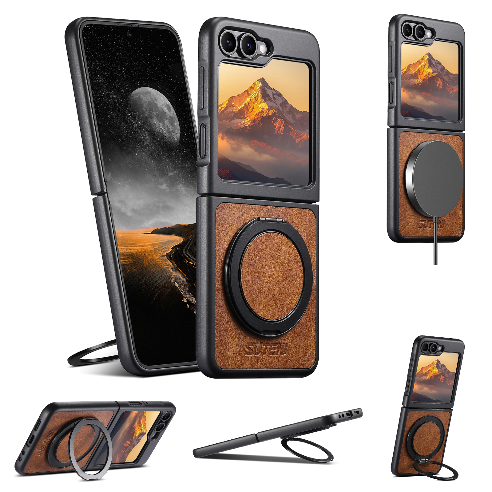 SUTENI Magnet Wireless Charging G3YL Phone Case Oil Wax Faux Leather 360° Rotating Stand Buckle For Samsung Galaxy Z Flip 7 6 5
