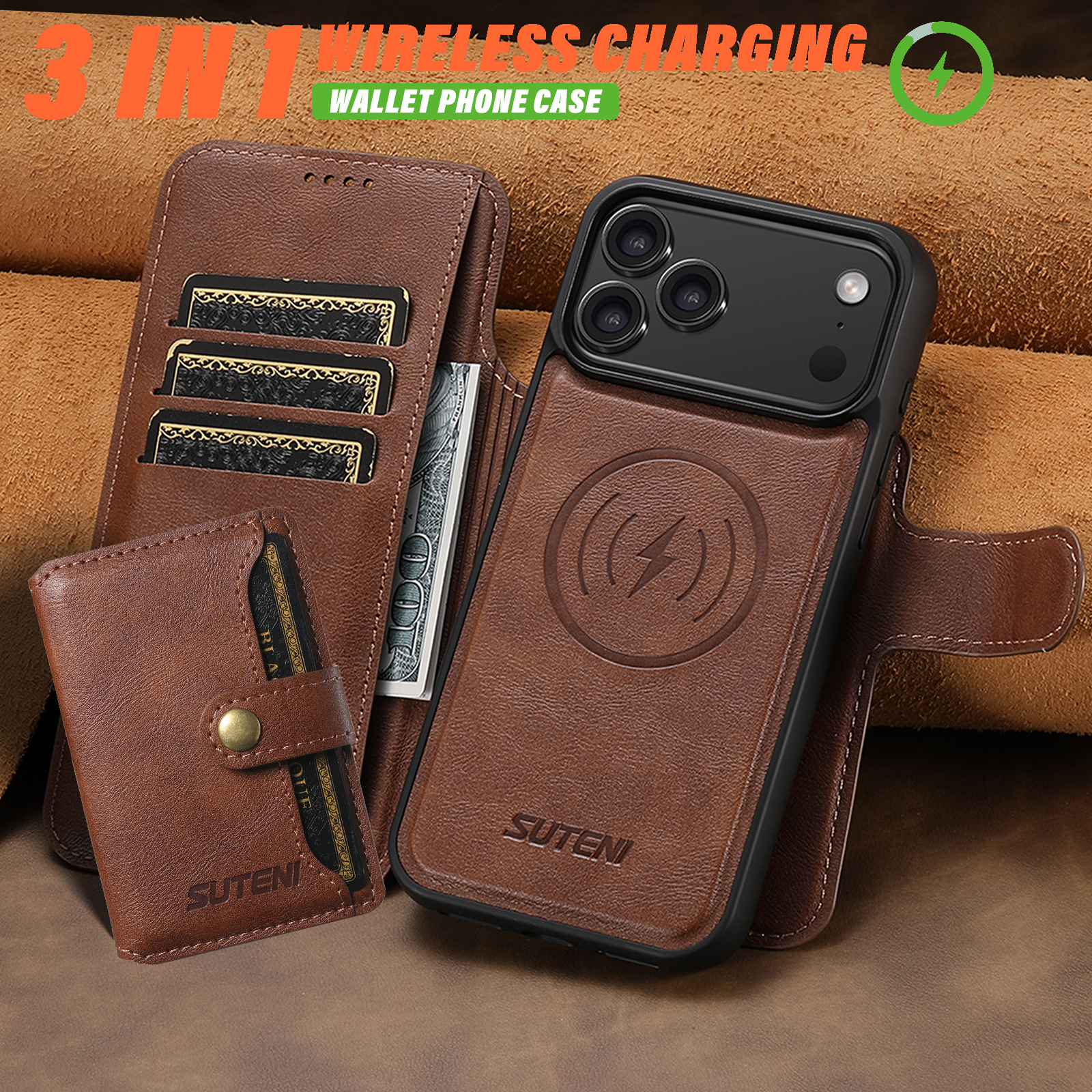 SUTENI Q05S1 Faux Leather Wireless Charging Card Holder Stand Wallet Magnetic Flip Cover Phone Case For iPhone 17 Pro Max 16 Plus 15 14 13 12