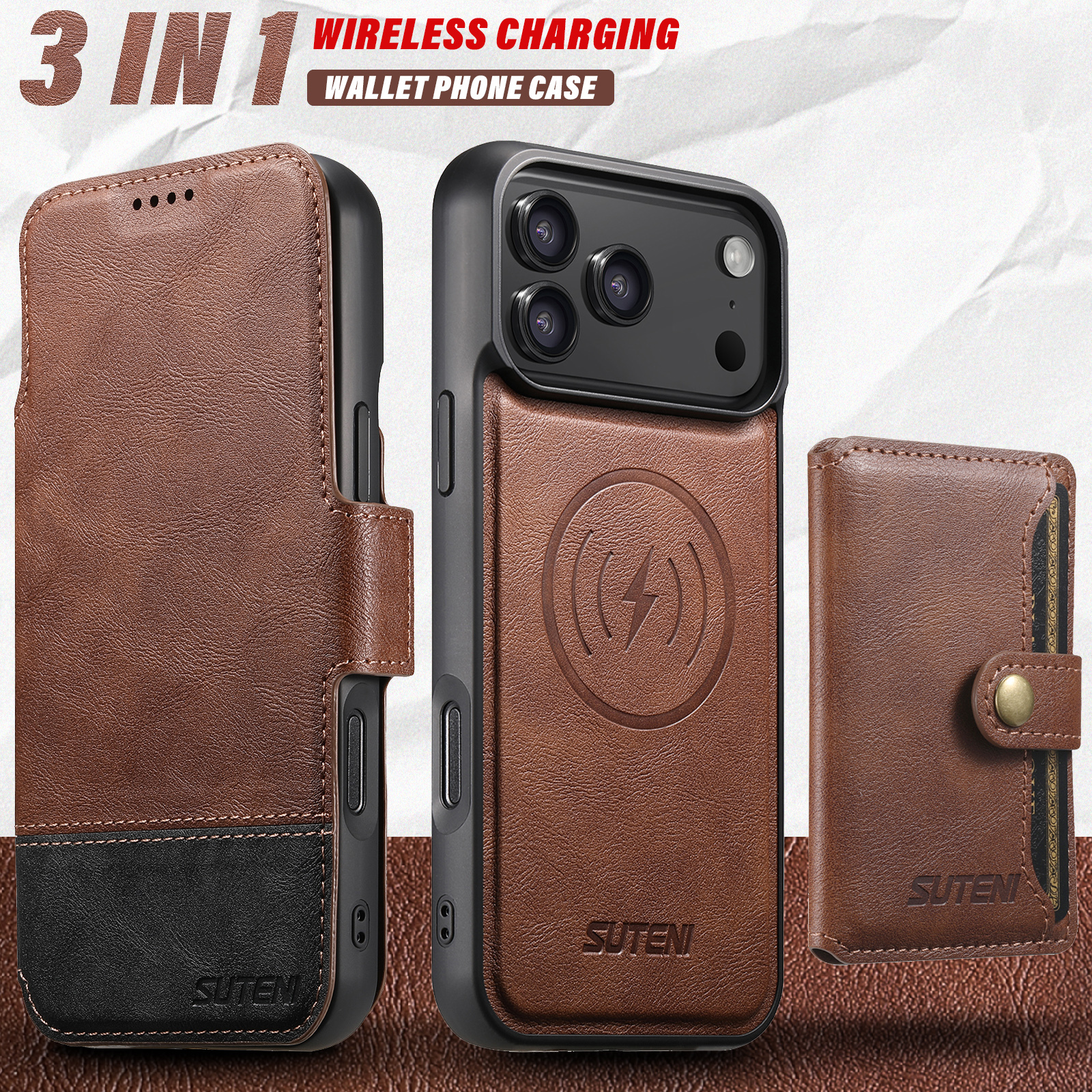 SUTENI Q06S1 Faux Leather Wireless Charging Card Holder Stand Wallet Magnetic Flip Cover Phone Case For iPhone 17 Pro Max 16 Plus 15 14 13 12