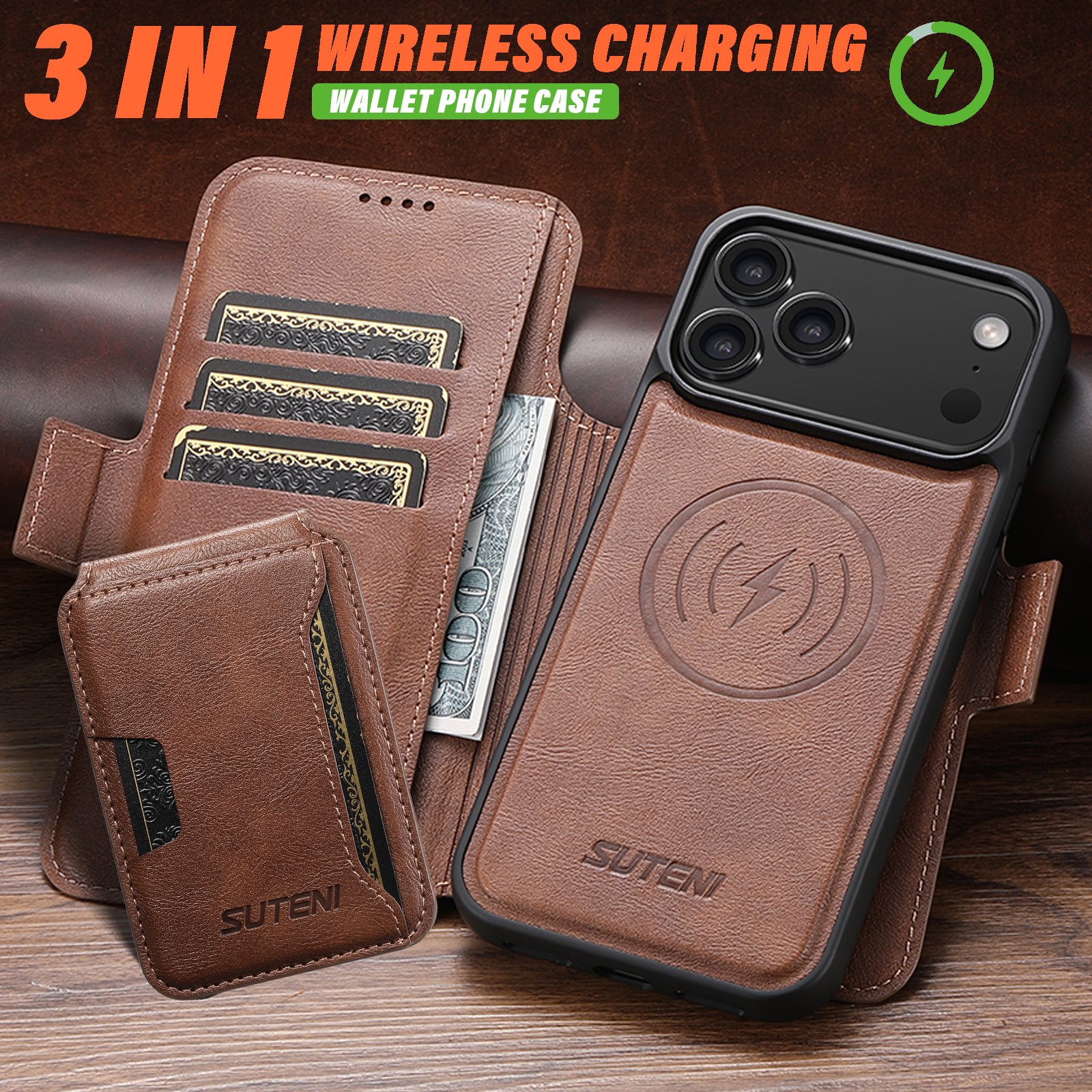 SUTENI Q06S3 Faux Leather Wireless Charging Card Holder Stand Wallet Magnetic Flip Cover Phone Case For iPhone 17 Pro Max 16 Plus 15 14 13 12