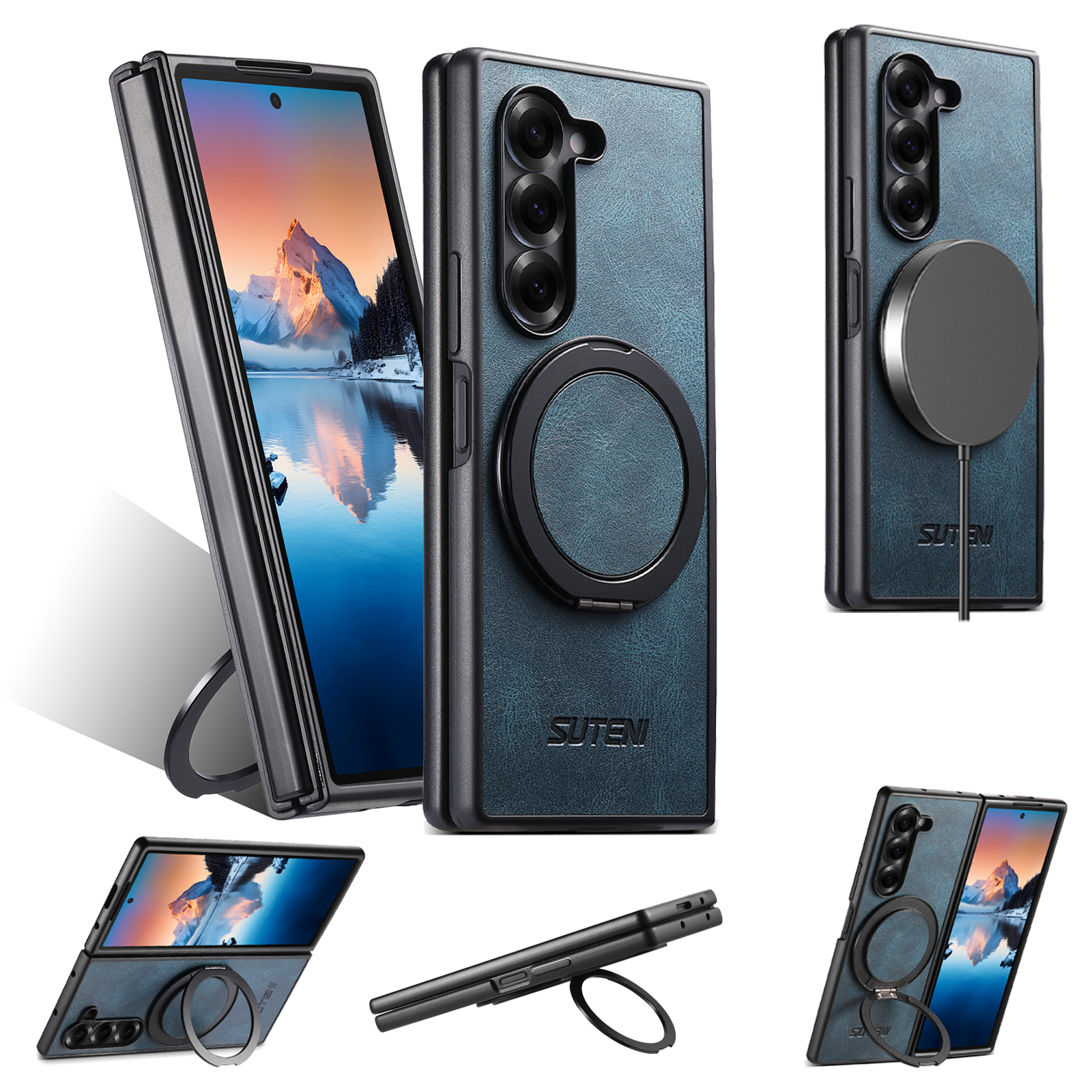SUTENI G3YL Magnet Wireless Charging Phone Case Oil Wax Faux Leather 360° Rotating Stand Buckle For Samsung Galaxy Z Fold 8 Ultra 7 6 5
