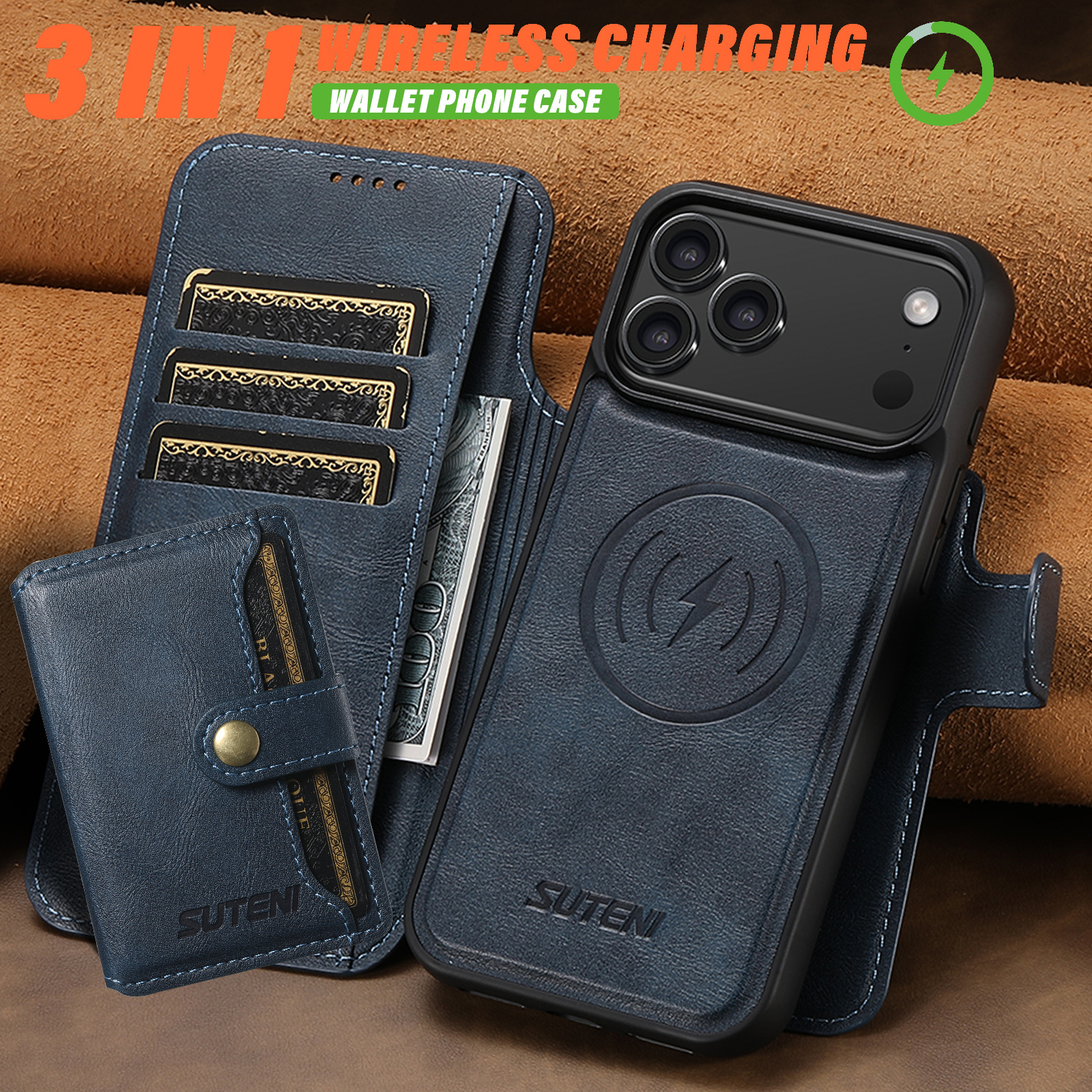 SUTENI Q05S1 Faux Leather Wireless Charging Card Holder Stand Wallet Magnetic Flip Cover Phone Case For iPhone 17 Pro Max 16 Plus 15 14 13 12