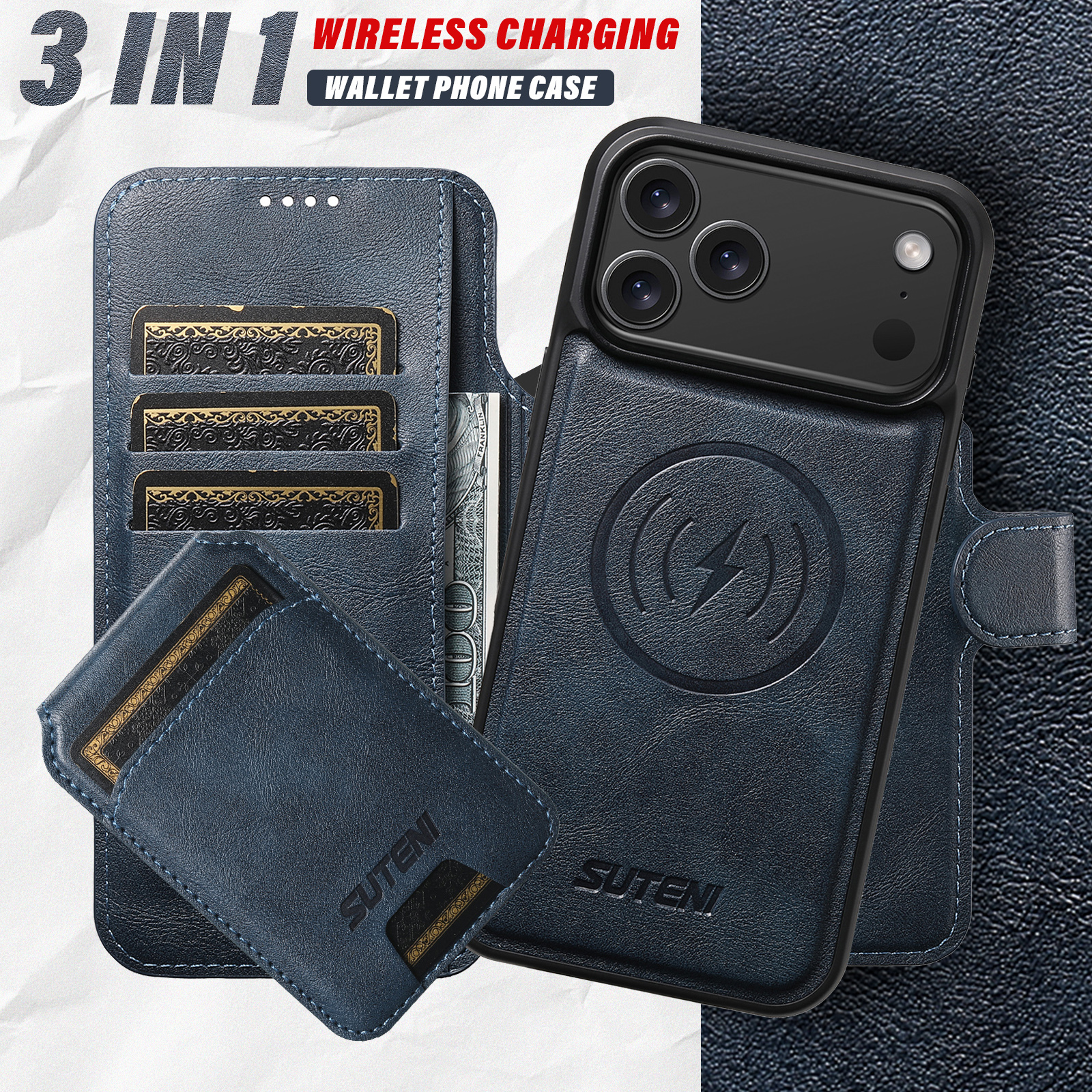 SUTENI Q05S2 Faux Leather Wireless Charging Card Holder Stand Wallet Magnetic Flip Cover Phone Case For iPhone 17 Pro Max 16 Plus 15 14 13 12