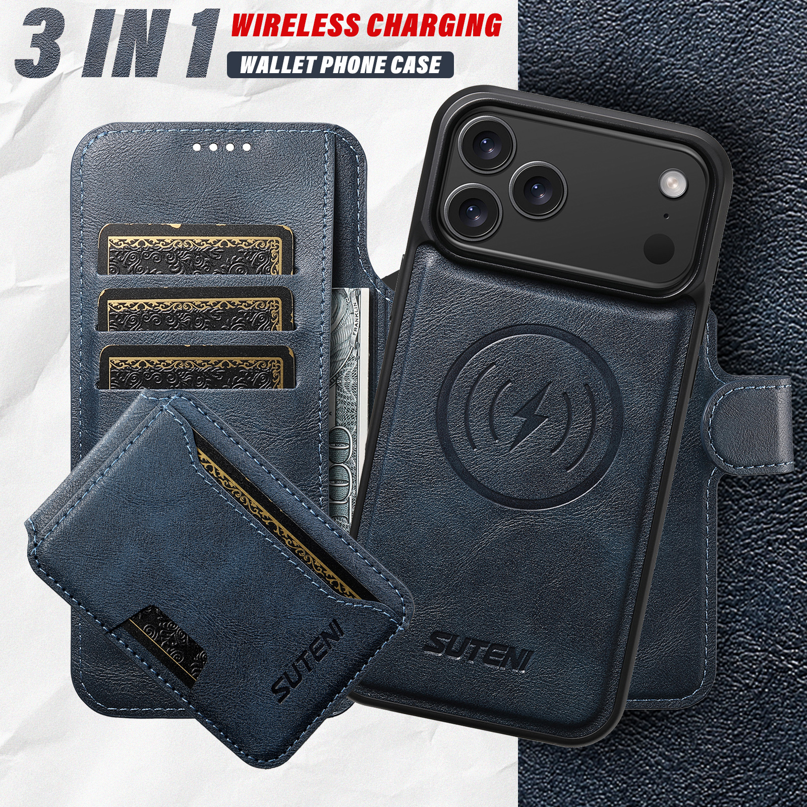 SUTENI Q05S3 Faux Leather Wireless Charging Card Holder Stand Wallet Magnetic Flip Cover Phone Case For iPhone 17 Pro Max 16 Plus 15 14 13 12