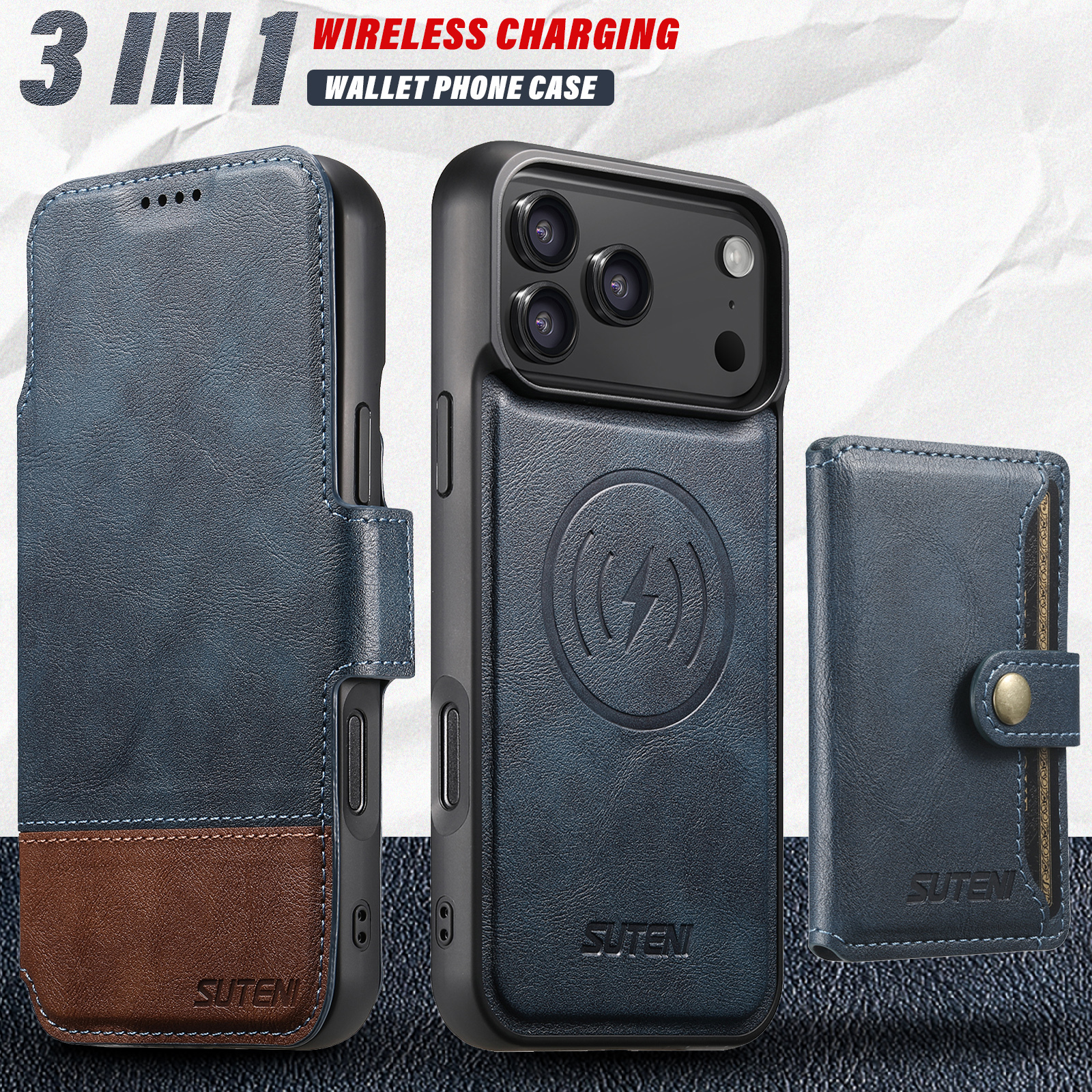 SUTENI Q06S1 Faux Leather Wireless Charging Card Holder Stand Wallet Magnetic Flip Cover Phone Case For iPhone 17 Pro Max 16 Plus 15 14 13 12