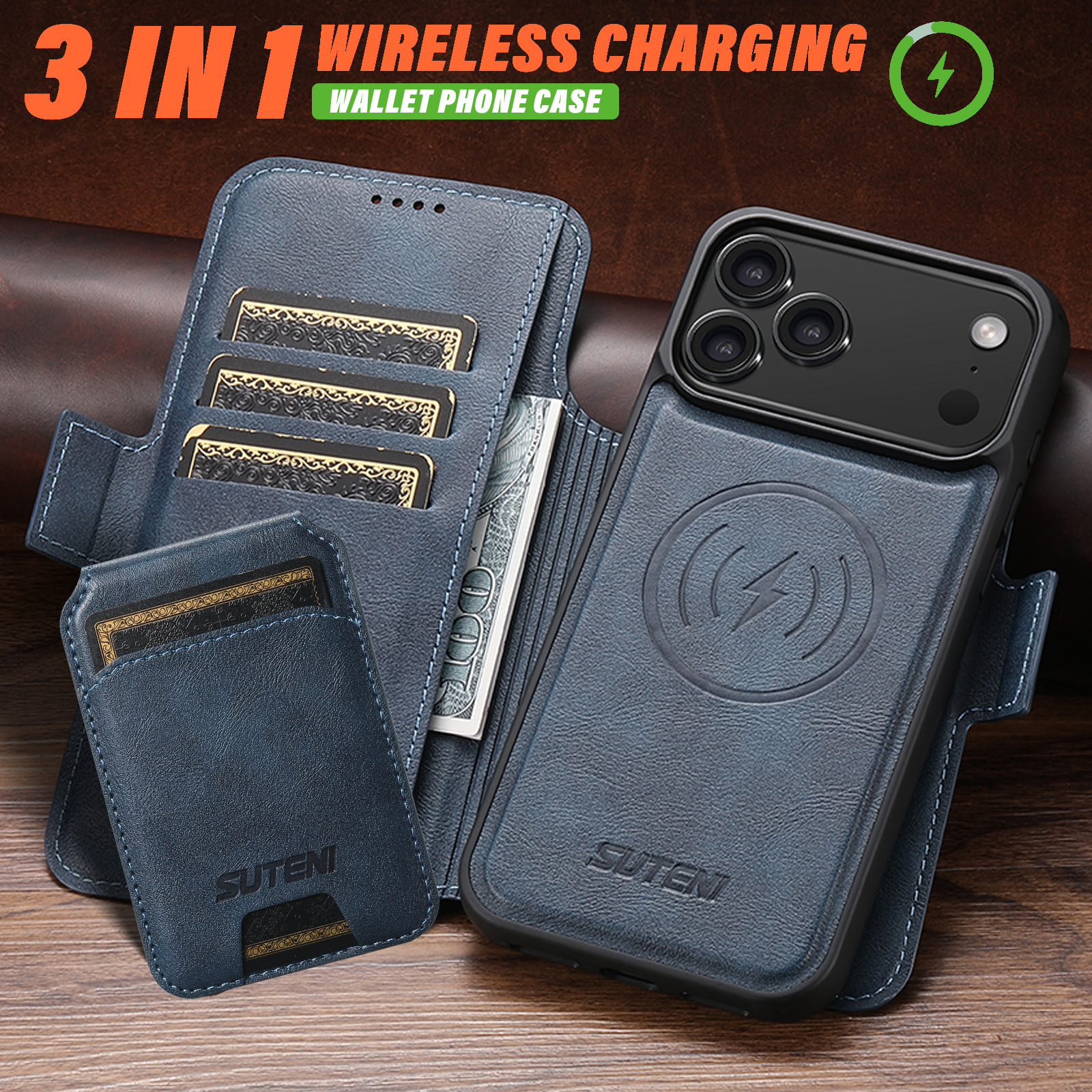SUTENI Q06S2 Faux Leather Wireless Charging Card Holder Stand Wallet Magnetic Flip Cover Phone Case For iPhone 17 Pro Max 16 Plus 15 14 13 12