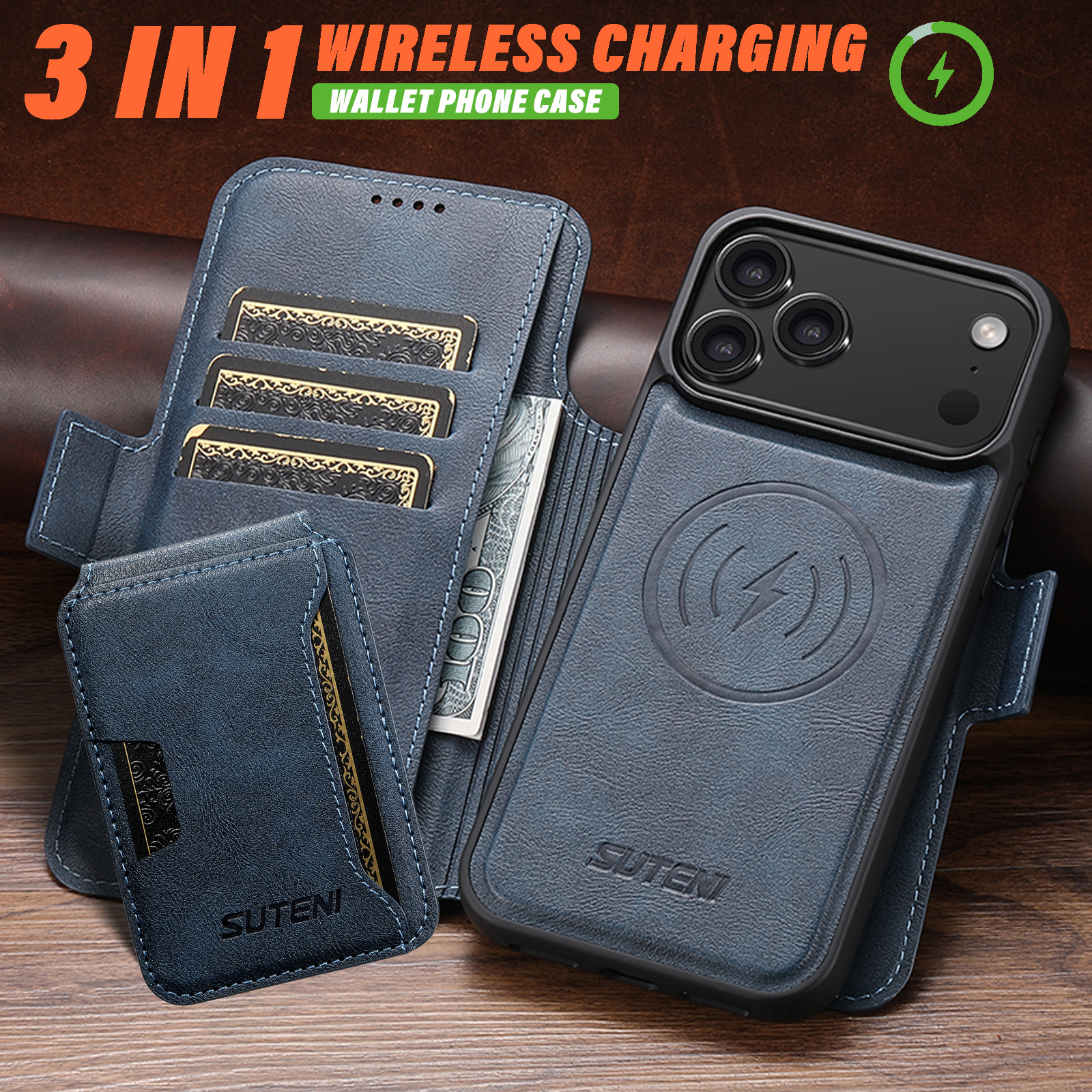 SUTENI Q06S3 Faux Leather Wireless Charging Card Holder Stand Wallet Magnetic Flip Cover Phone Case For iPhone 17 Pro Max 16 Plus 15 14 13 12