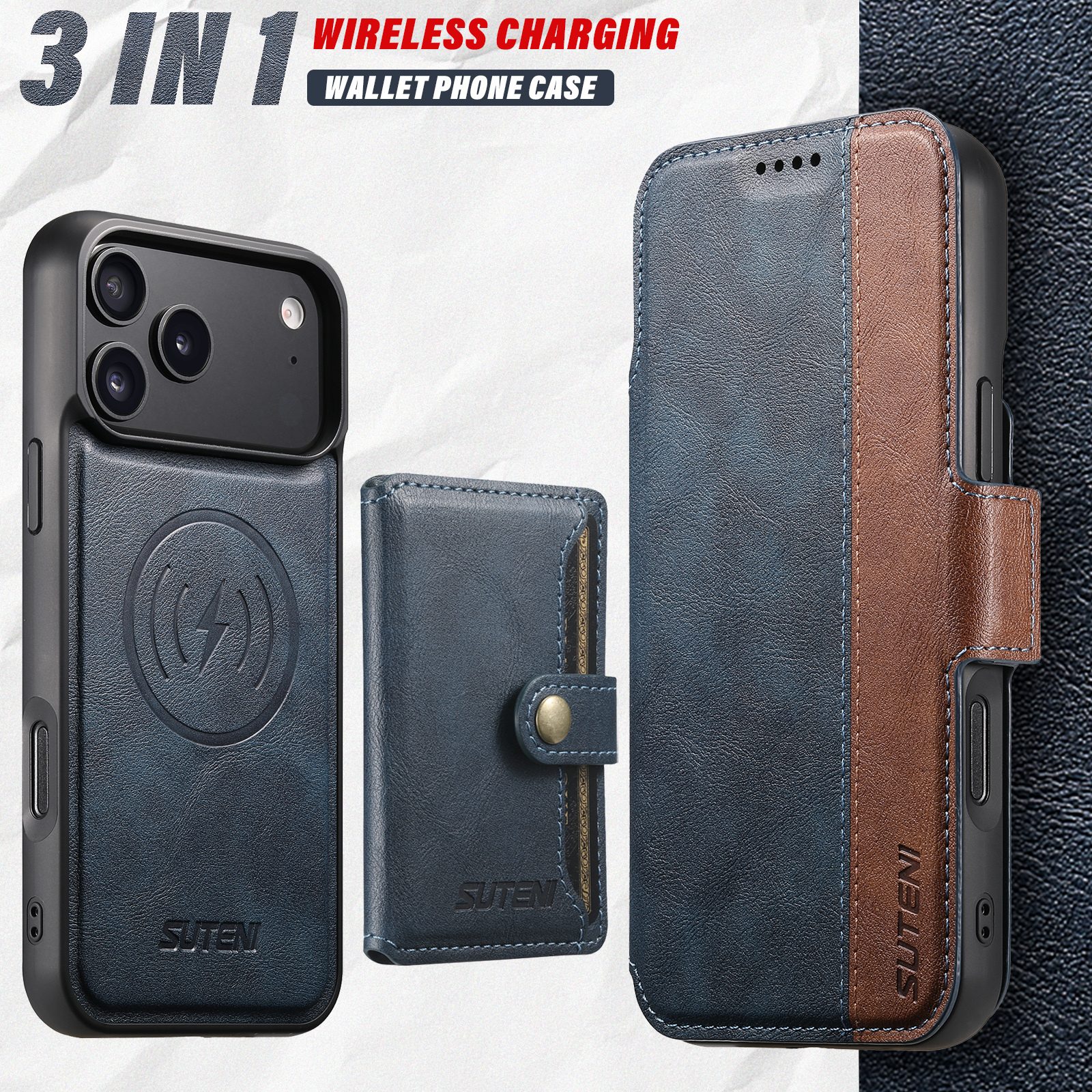 SUTENI Q07S1 Faux Leather Wireless Charging Card Holder Stand Wallet Magnetic Flip Cover Phone Case For iPhone 17 Pro Max 16 Plus 15 14 13 12