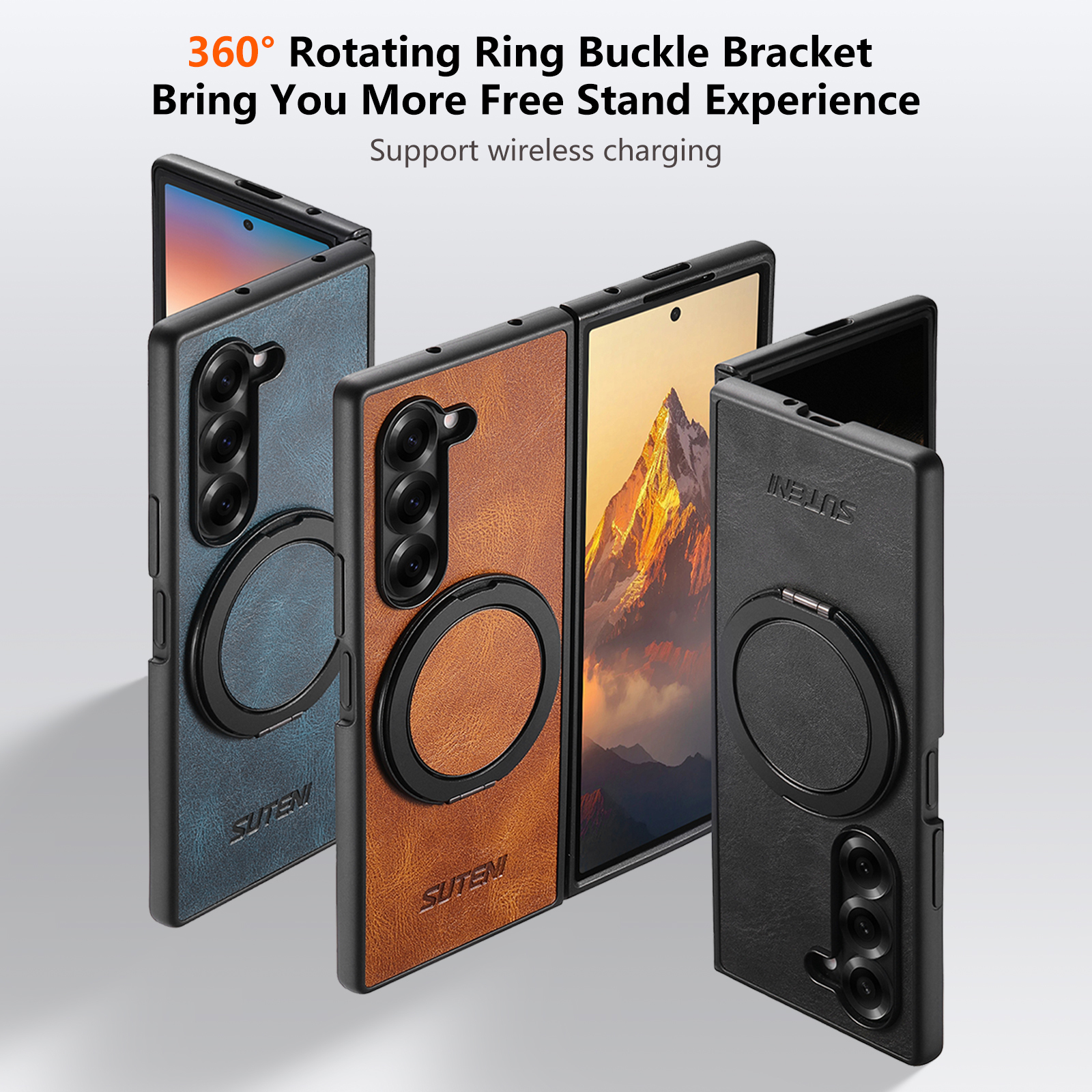 SUTENI G3YL Magnet Wireless Charging Phone Case Oil Wax Faux Leather 360° Rotating Stand Buckle For Samsung Galaxy Z Fold 7 6 5