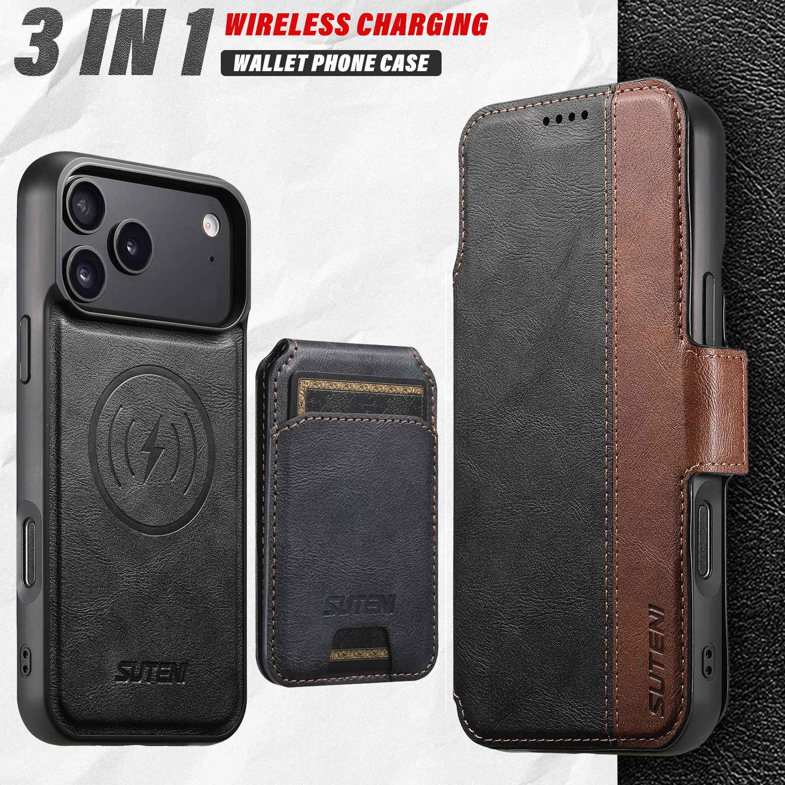SUTENI Q07S2 Faux Leather Wireless Charging Card Holder Stand Wallet Magnetic Flip Cover Phone Case For iPhone 17 Pro Max 16 Plus 15 14 13 12