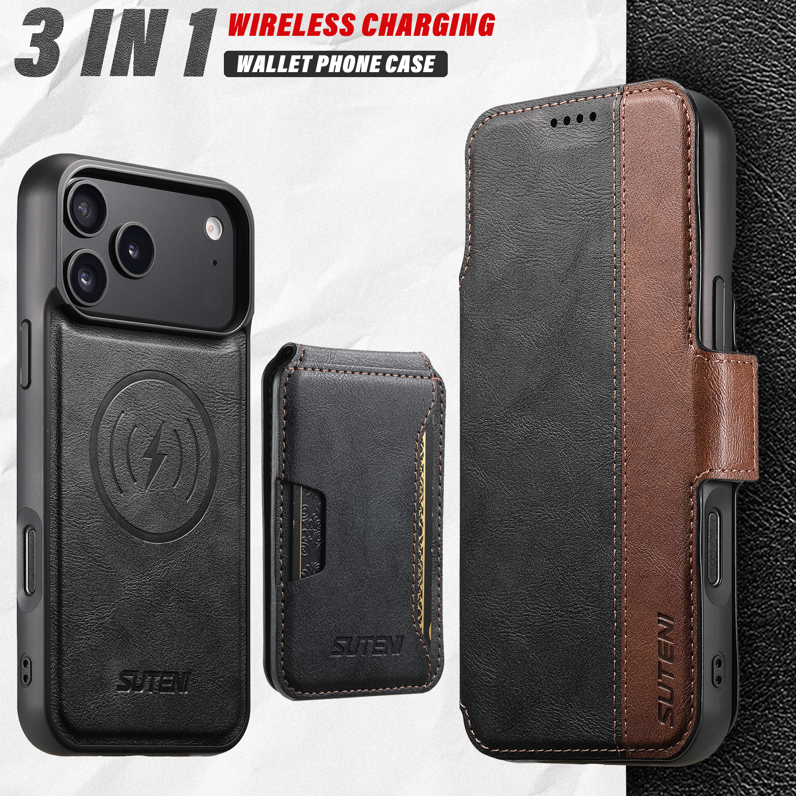 SUTENI Q07S3 Faux Leather Wireless Charging Card Holder Stand Wallet Magnetic Flip Cover Phone Case For iPhone 17 Pro Max 16 Plus 15 14 13 12