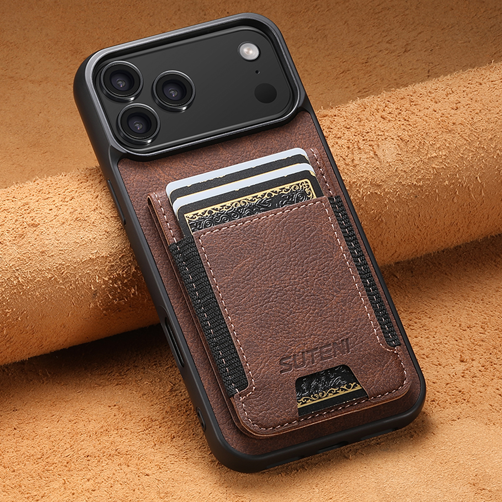 SUTENI H03LZ Luxury Faux Leather Card Holder Stand Phone Case Frosted Feel For iPhone 17 Pro Max 16 Plus 15 14 13 12
