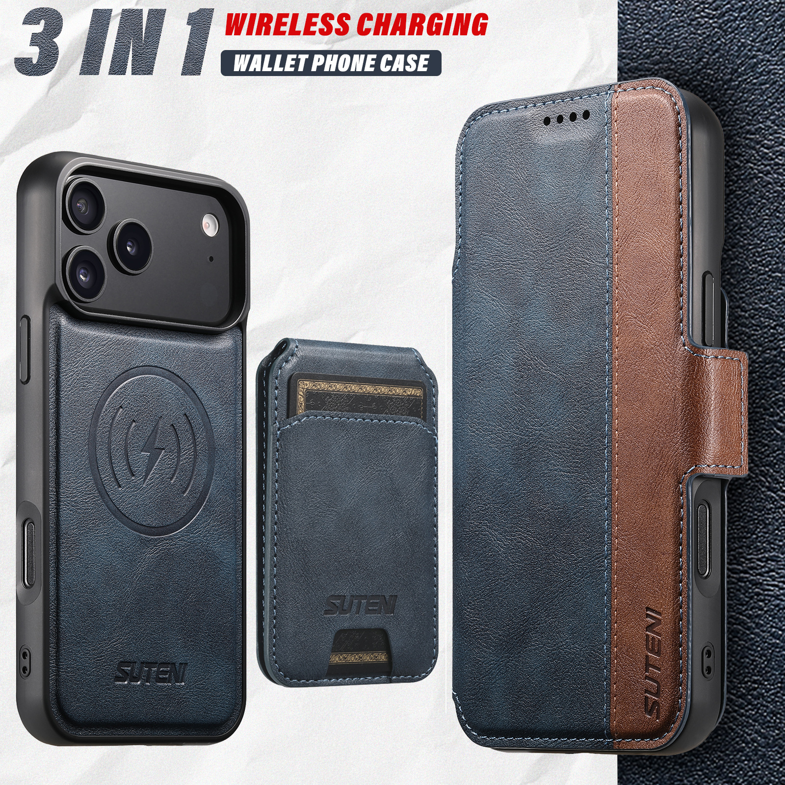 SUTENI Q07S2 Faux Leather Wireless Charging Card Holder Stand Wallet Magnetic Flip Cover Phone Case For iPhone 17 Pro Max 16 Plus 15 14 13 12