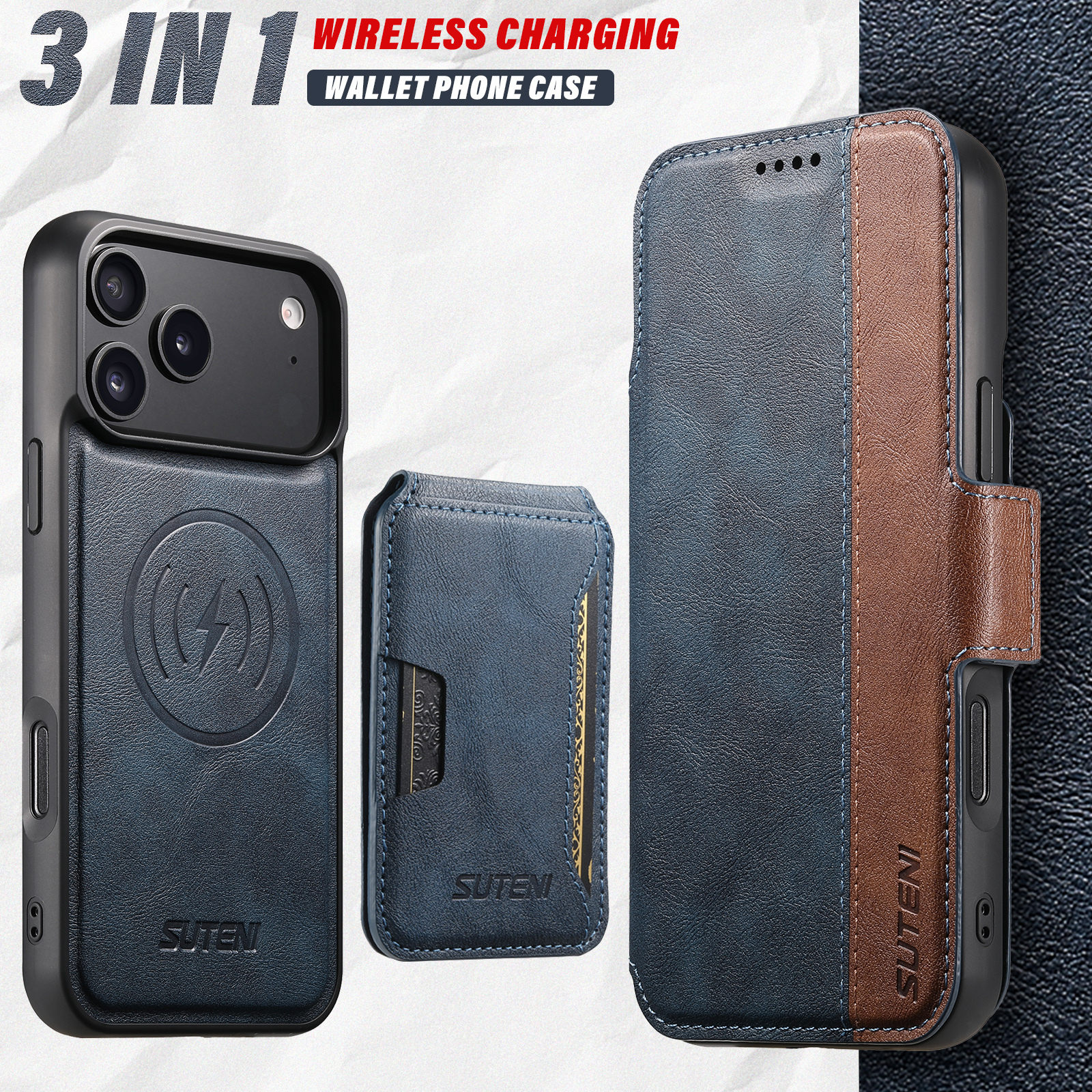 SUTENI Q07S3 Faux Leather Wireless Charging Card Holder Stand Wallet Magnetic Flip Cover Phone Case For iPhone 17 Pro Max 16 Plus 15 14 13 12