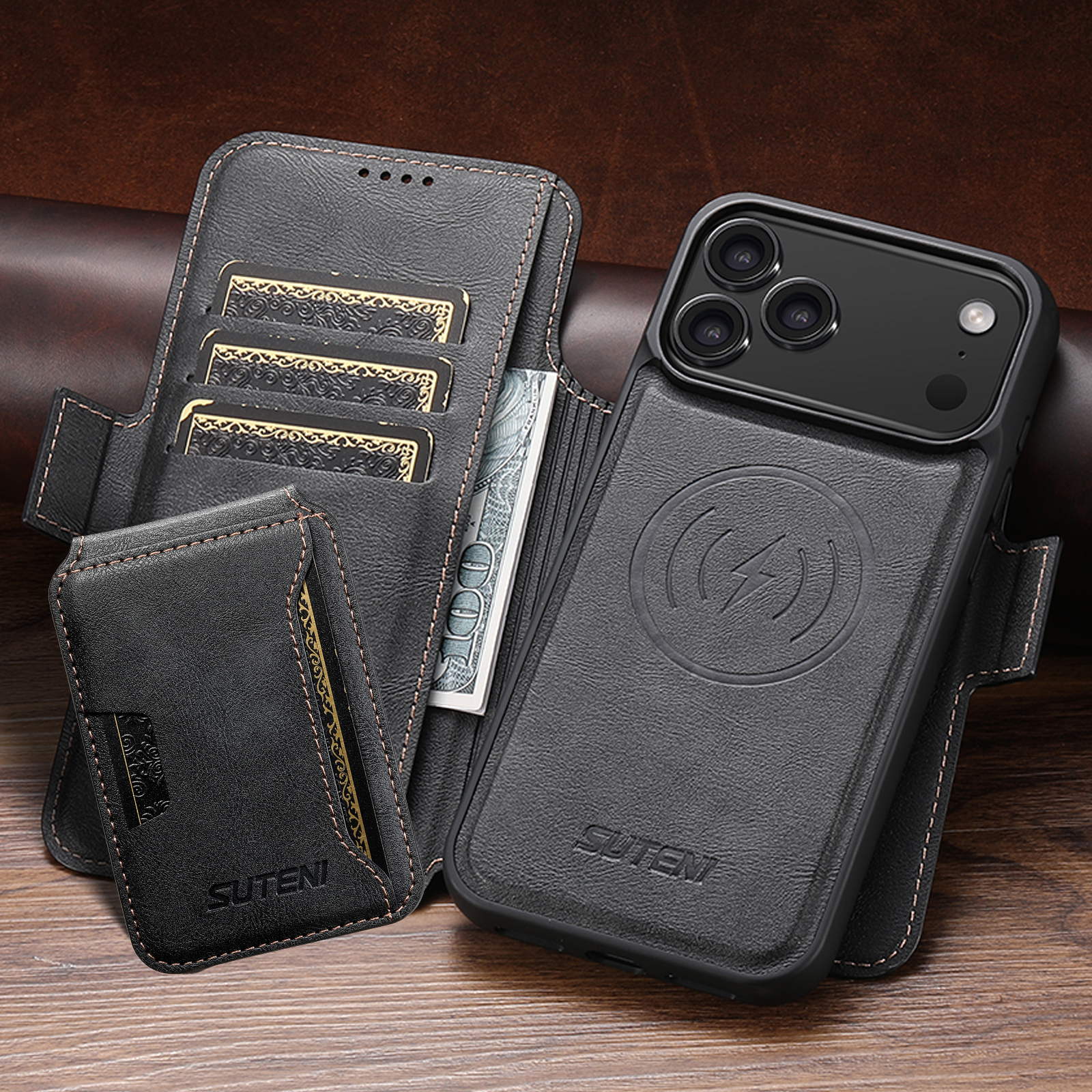 SUTENI Q07S3 Faux Leather Wireless Charging Card Holder Stand Wallet Magnetic Flip Cover Phone Case For iPhone 17 Pro Max 16 Plus 15 14 13 12