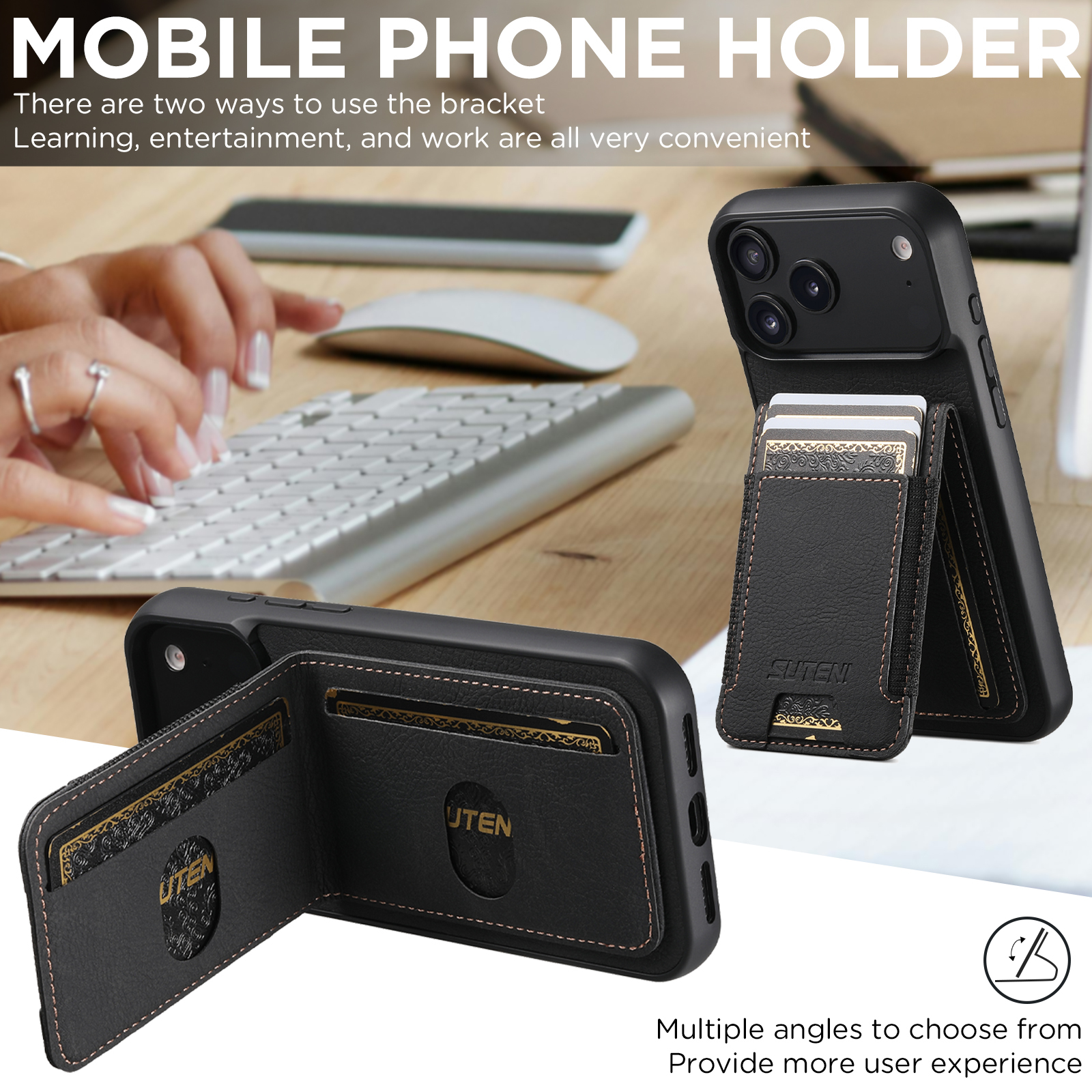 SUTENI H03LZ Luxury Faux Leather Card Holder Stand Phone Case Frosted Feel For iPhone 17 Pro Max 16 Plus 15 14 13 12