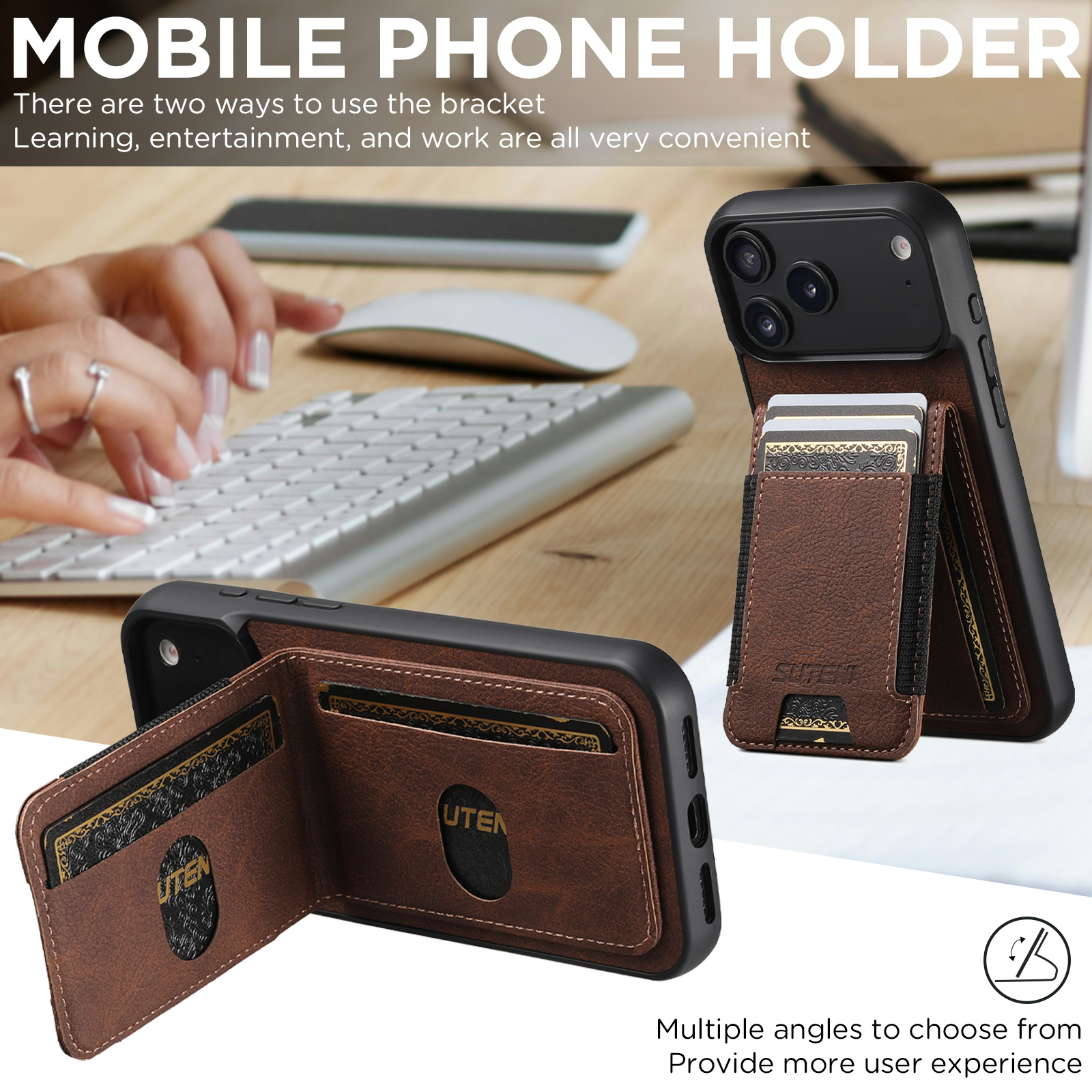 SUTENI H03LZ Luxury Faux Leather Card Holder Stand Phone Case Frosted Feel For iPhone 17 Pro Max 16 Plus 15 14 13 12
