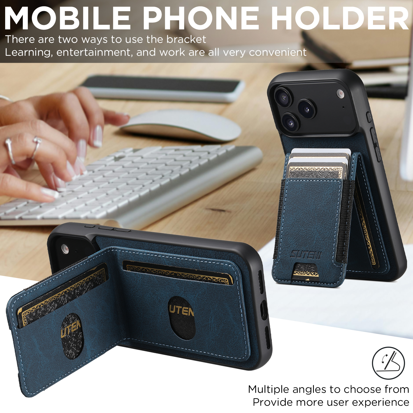 SUTENI H03LZ Luxury Faux Leather Card Holder Stand Phone Case Frosted Feel For iPhone 17 Pro Max 16 Plus 15 14 13 12