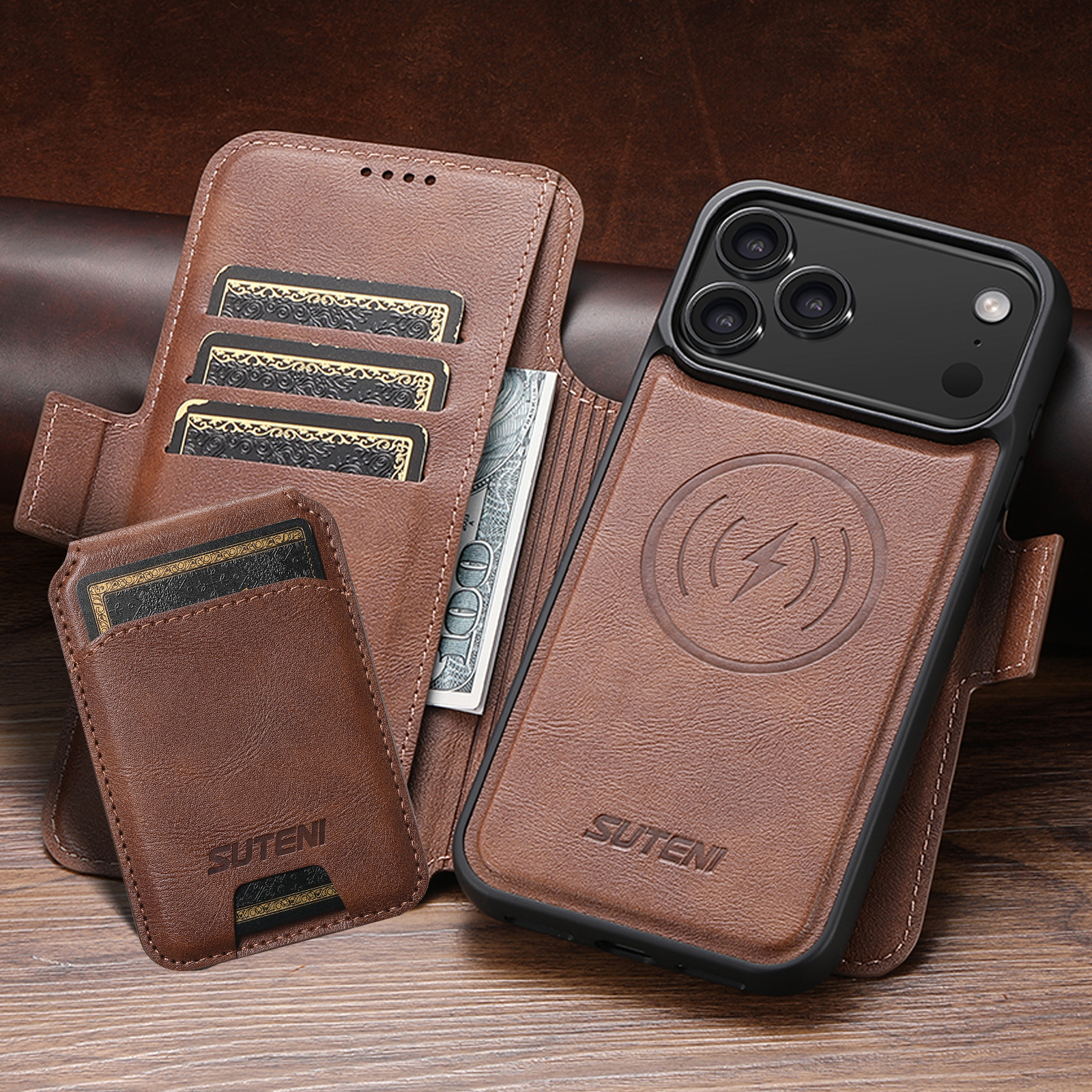 SUTENI Q07S2 Faux Leather Wireless Charging Card Holder Stand Wallet Magnetic Flip Cover Phone Case For iPhone 17 Pro Max 16 Plus 15 14 13 12