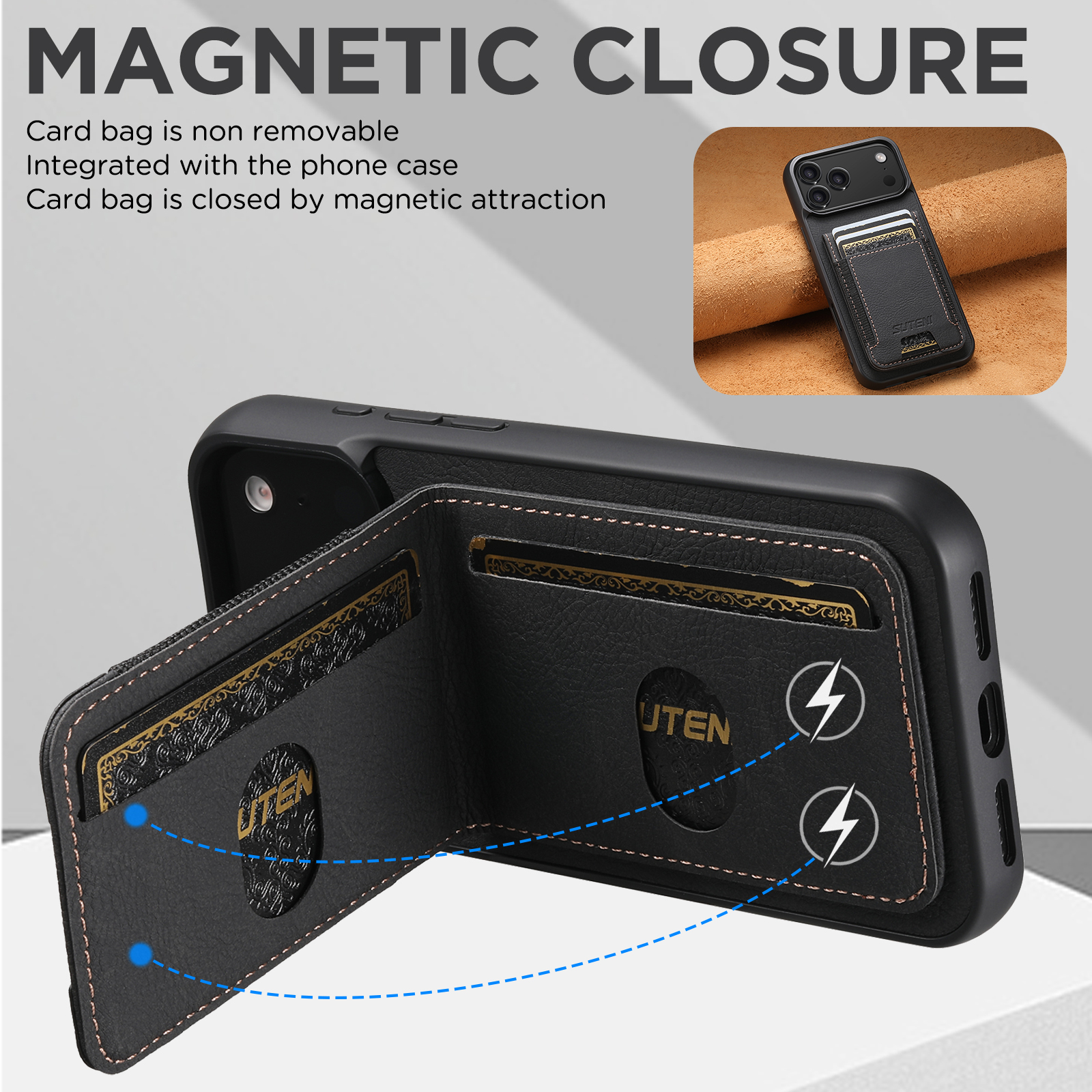 SUTENI H03LZ Luxury Faux Leather Card Holder Stand Phone Case Frosted Feel For iPhone 17 Pro Max 16 Plus 15 14 13 12