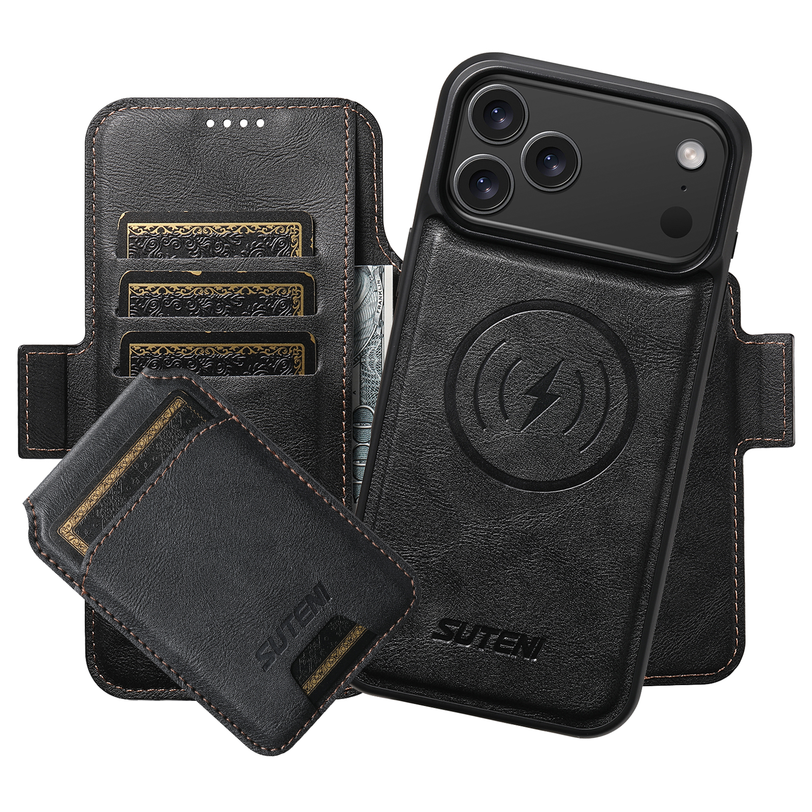 SUTENI Q07S2 Faux Leather Wireless Charging Card Holder Stand Wallet Magnetic Flip Cover Phone Case For iPhone 17 Pro Max 16 Plus 15 14 13 12