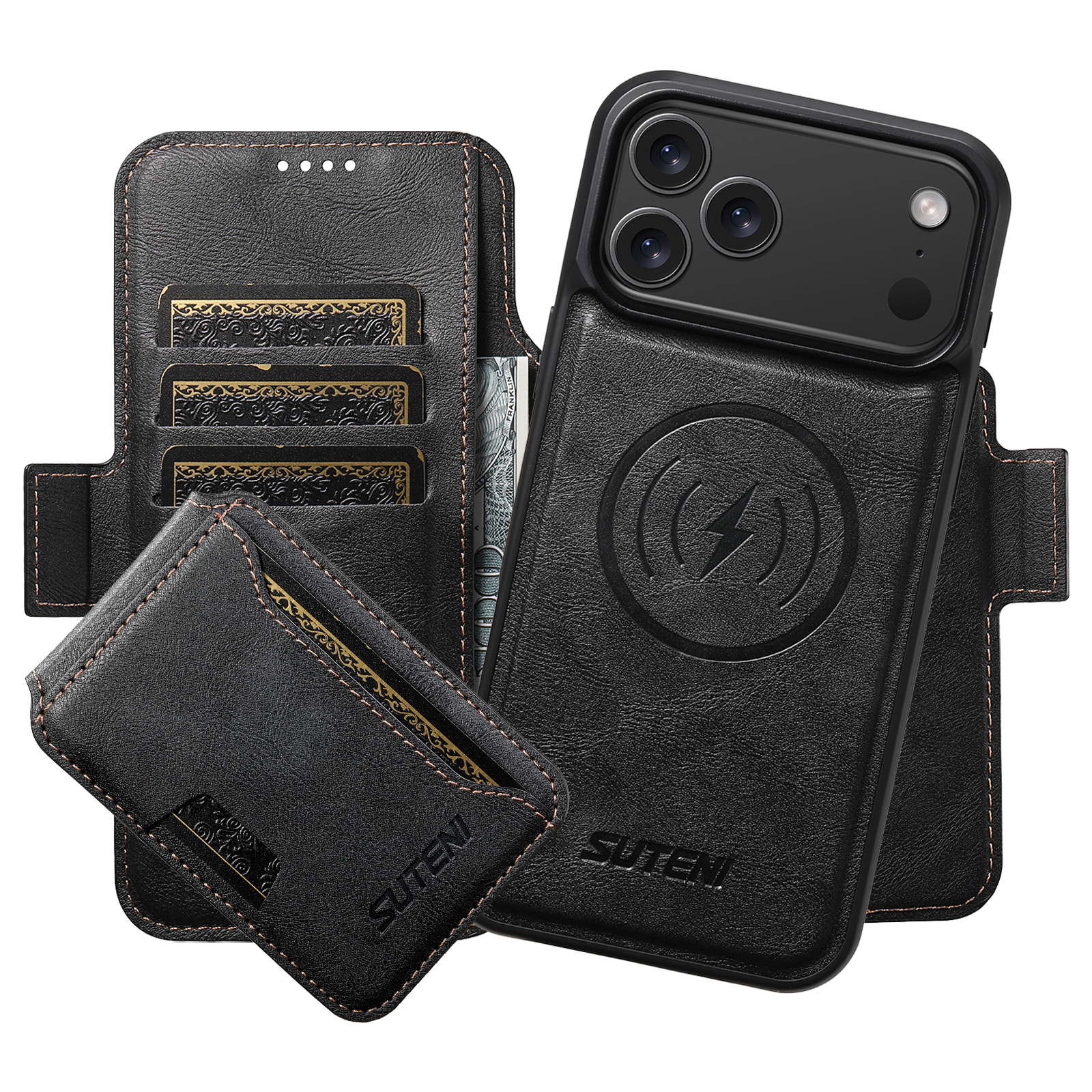 SUTENI Q07S3 Faux Leather Wireless Charging Card Holder Stand Wallet Magnetic Flip Cover Phone Case For iPhone 17 Pro Max 16 Plus 15 14 13 12