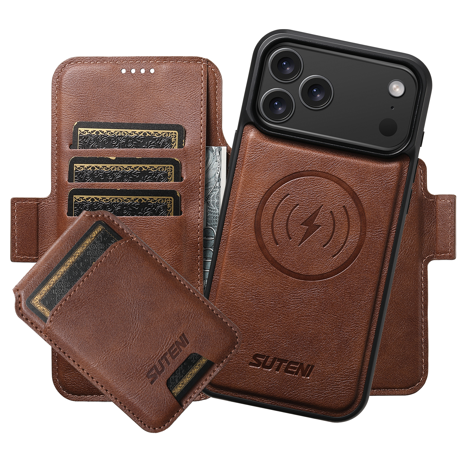 SUTENI Q07S2 Faux Leather Wireless Charging Card Holder Stand Wallet Magnetic Flip Cover Phone Case For iPhone 17 Pro Max 16 Plus 15 14 13 12