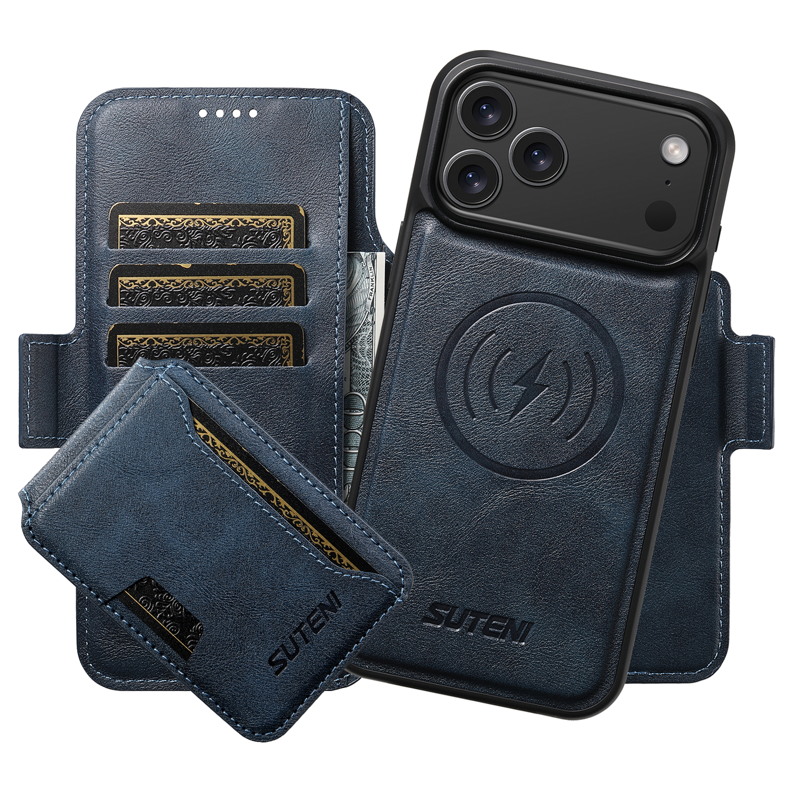 SUTENI Q07S3 Faux Leather Wireless Charging Card Holder Stand Wallet Magnetic Flip Cover Phone Case For iPhone 17 Pro Max 16 Plus 15 14 13 12