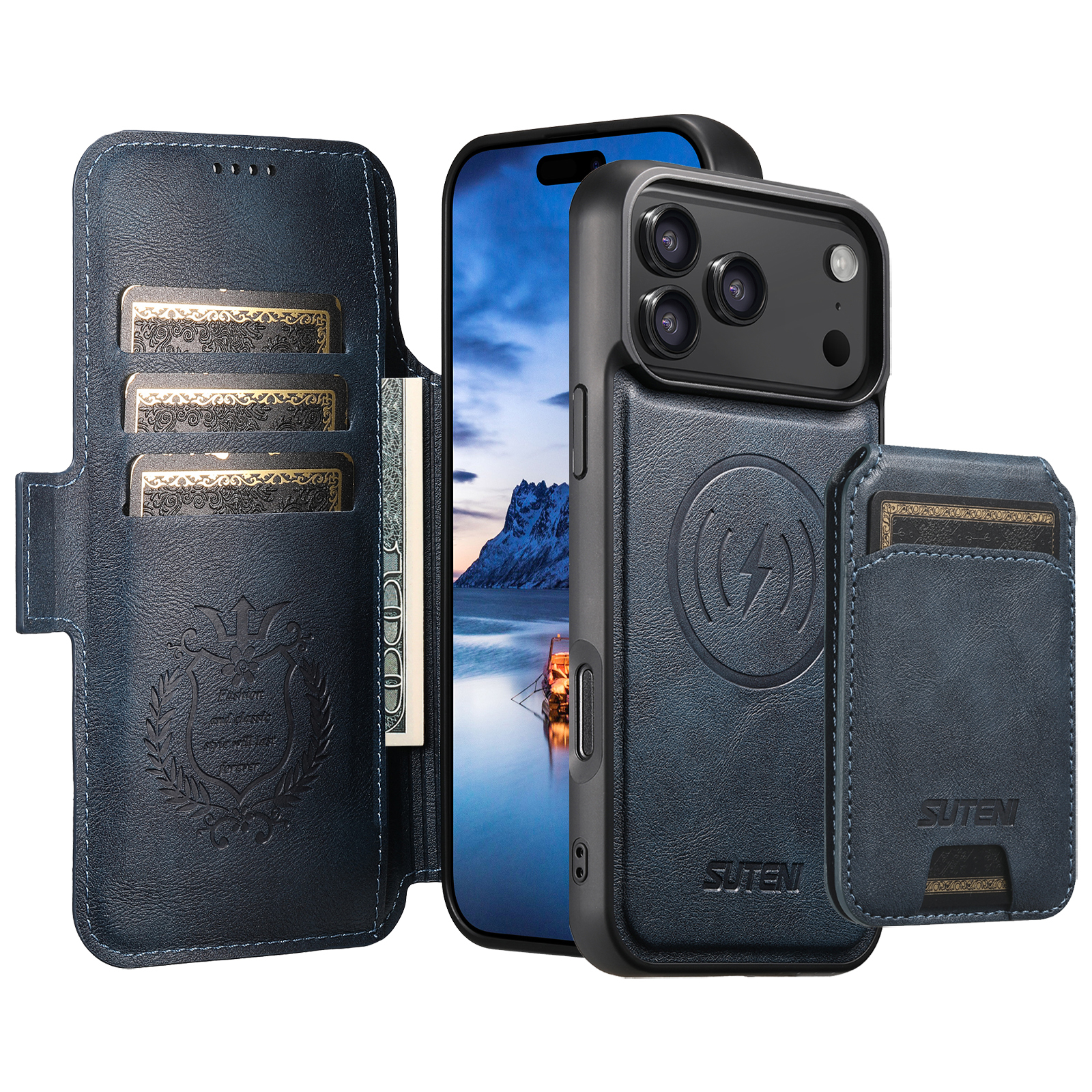 SUTENI Q07S2 Faux Leather Wireless Charging Card Holder Stand Wallet Magnetic Flip Cover Phone Case For iPhone 17 Pro Max 16 Plus 15 14 13 12