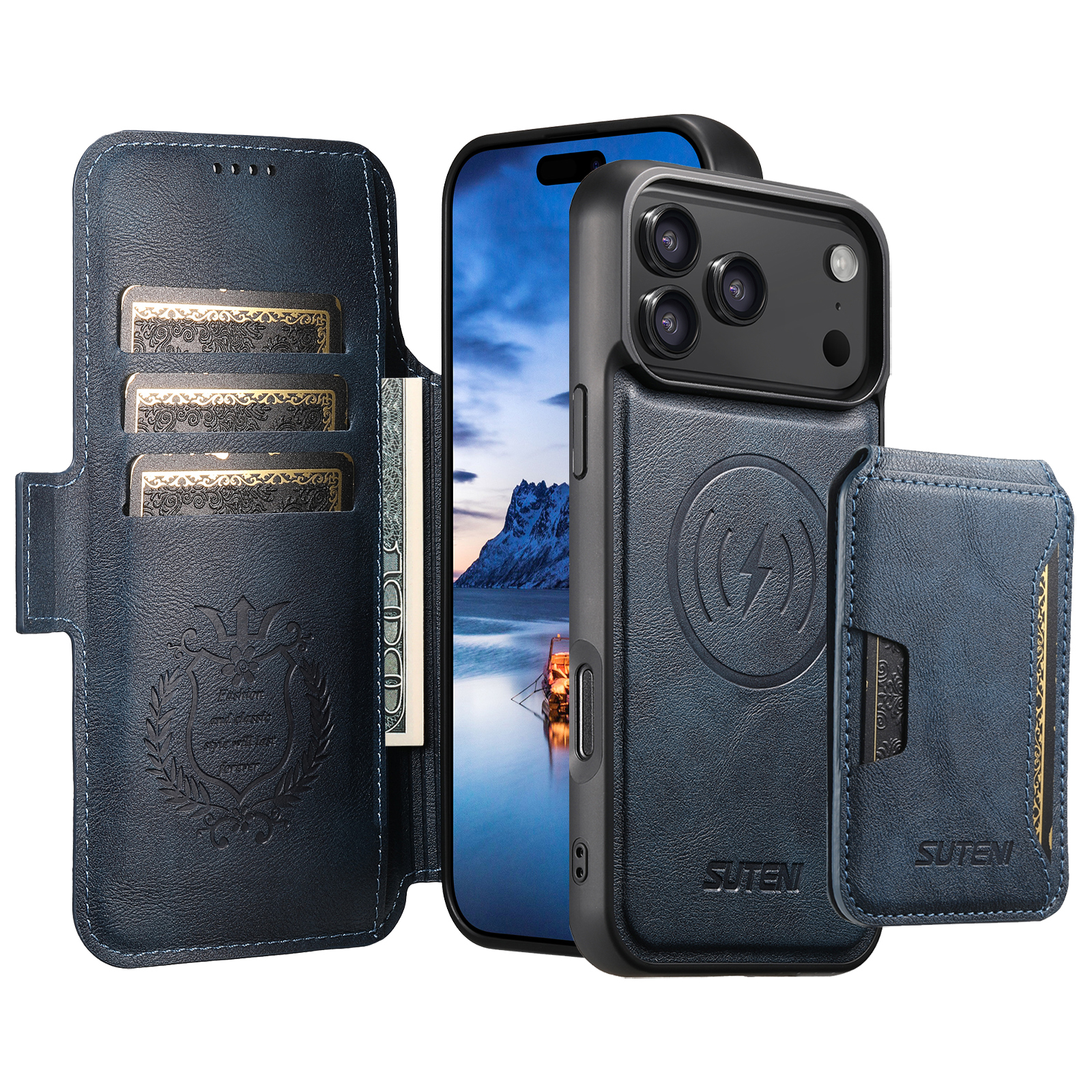 SUTENI Q07S3 Faux Leather Wireless Charging Card Holder Stand Wallet Magnetic Flip Cover Phone Case For iPhone 17 Pro Max 16 Plus 15 14 13 12