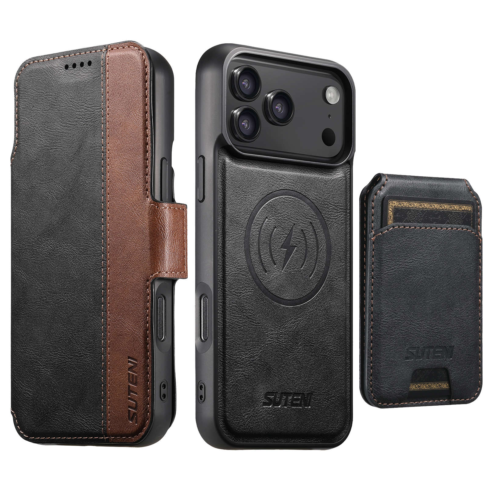 SUTENI Q07S2 Faux Leather Wireless Charging Card Holder Stand Wallet Magnetic Flip Cover Phone Case For iPhone 17 Pro Max 16 Plus 15 14 13 12