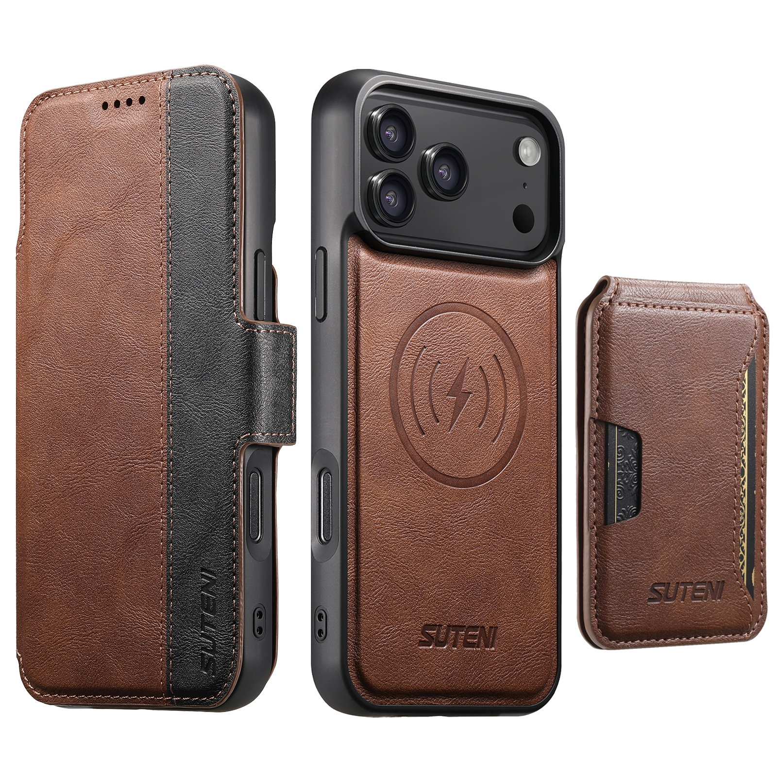 SUTENI Q07S3 Faux Leather Wireless Charging Card Holder Stand Wallet Magnetic Flip Cover Phone Case For iPhone 17 Pro Max 16 Plus 15 14 13 12