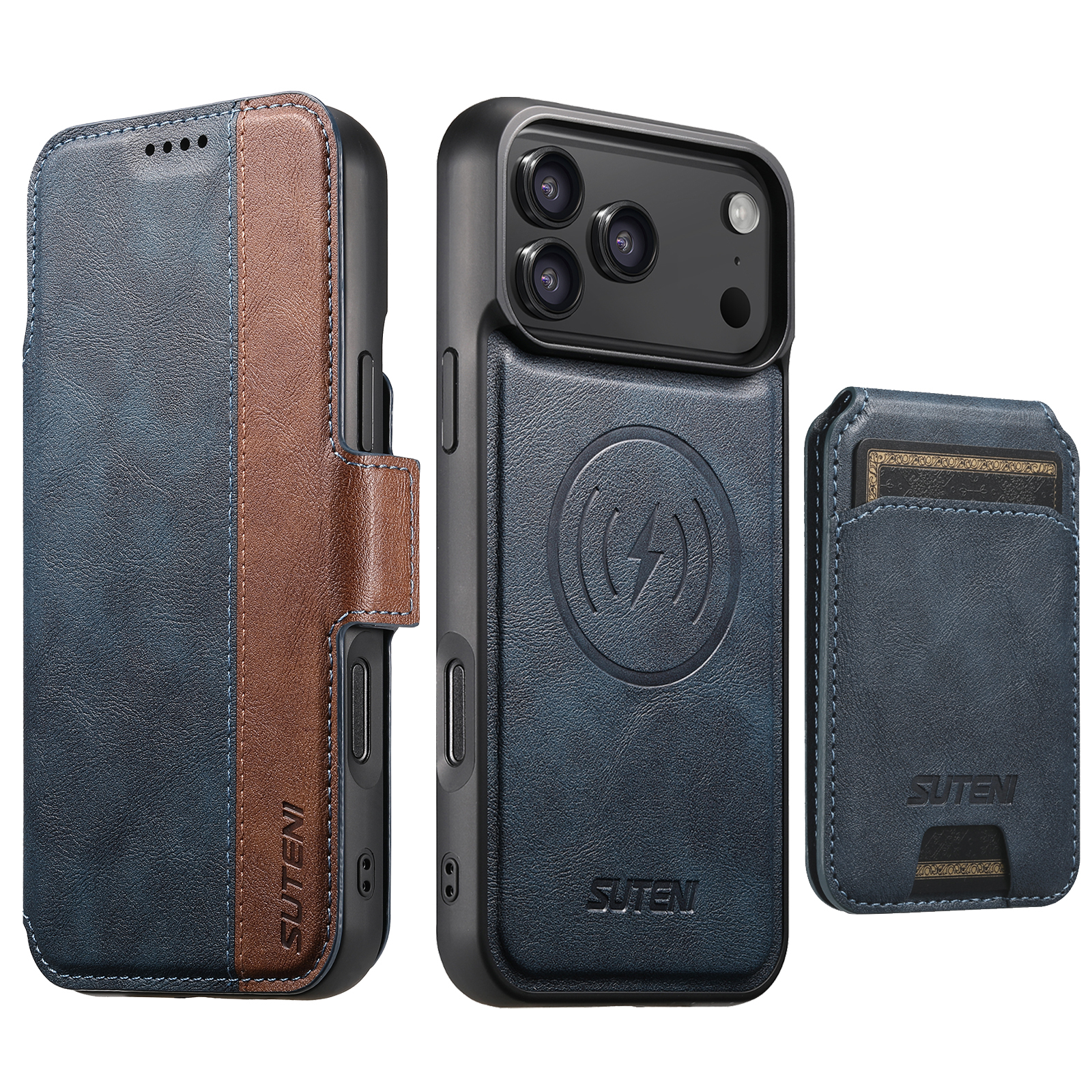 SUTENI Q07S2 Faux Leather Wireless Charging Card Holder Stand Wallet Magnetic Flip Cover Phone Case For iPhone 17 Pro Max 16 Plus 15 14 13 12