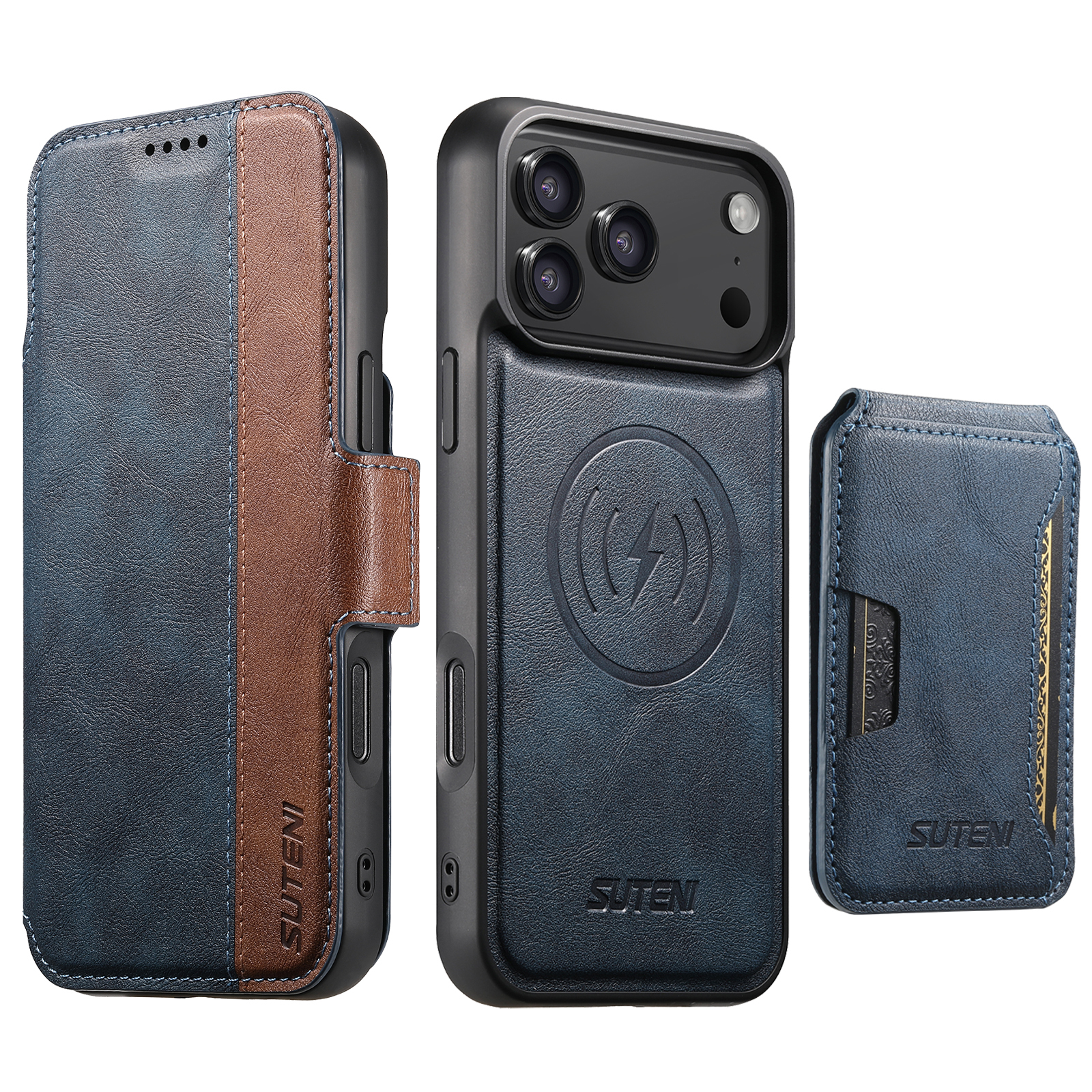 SUTENI Q07S3 Faux Leather Wireless Charging Card Holder Stand Wallet Magnetic Flip Cover Phone Case For iPhone 17 Pro Max 16 Plus 15 14 13 12