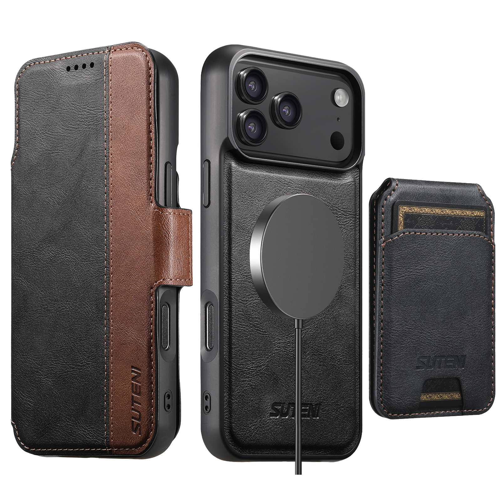 SUTENI Q07S2 Faux Leather Wireless Charging Card Holder Stand Wallet Magnetic Flip Cover Phone Case For iPhone 17 Pro Max 16 Plus 15 14 13 12