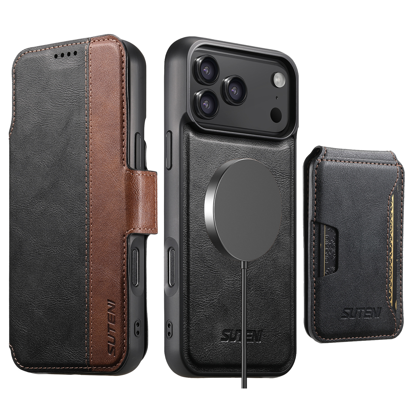 SUTENI Q07S3 Faux Leather Wireless Charging Card Holder Stand Wallet Magnetic Flip Cover Phone Case For iPhone 17 Pro Max 16 Plus 15 14 13 12