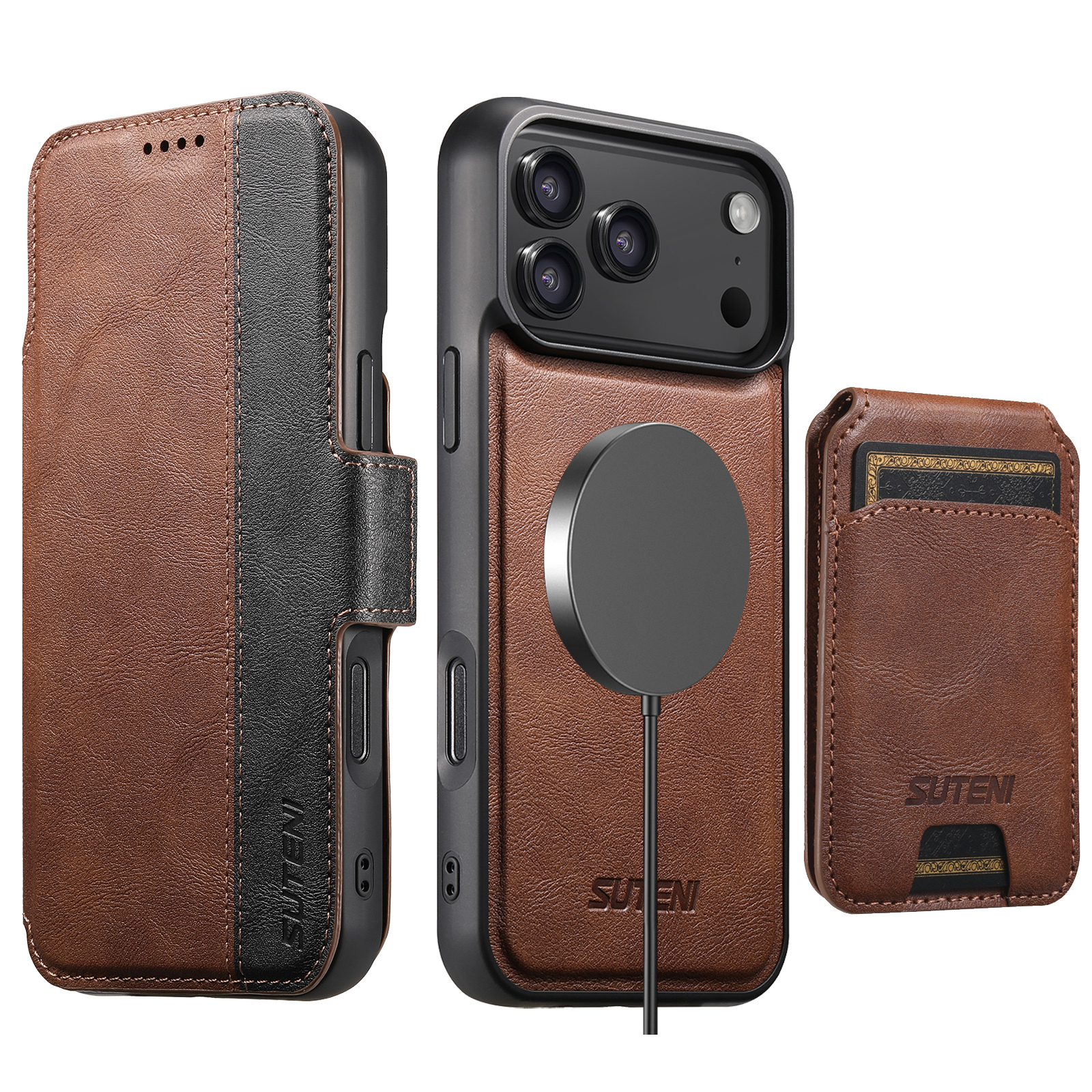 SUTENI Q07S2 Faux Leather Wireless Charging Card Holder Stand Wallet Magnetic Flip Cover Phone Case For iPhone 17 Pro Max 16 Plus 15 14 13 12