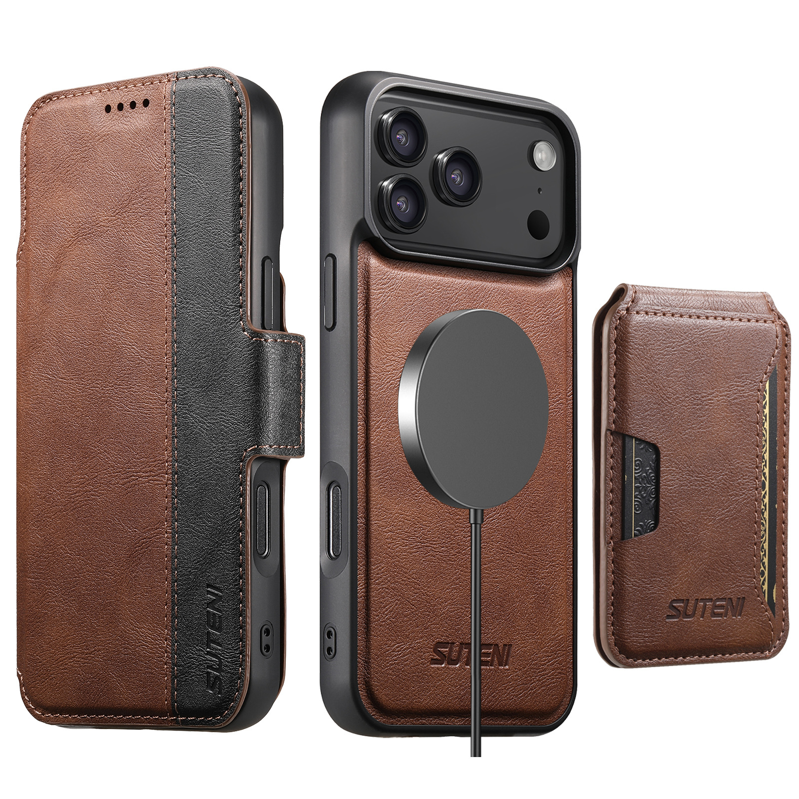 SUTENI Q07S3 Faux Leather Wireless Charging Card Holder Stand Wallet Magnetic Flip Cover Phone Case For iPhone 17 Pro Max 16 Plus 15 14 13 12