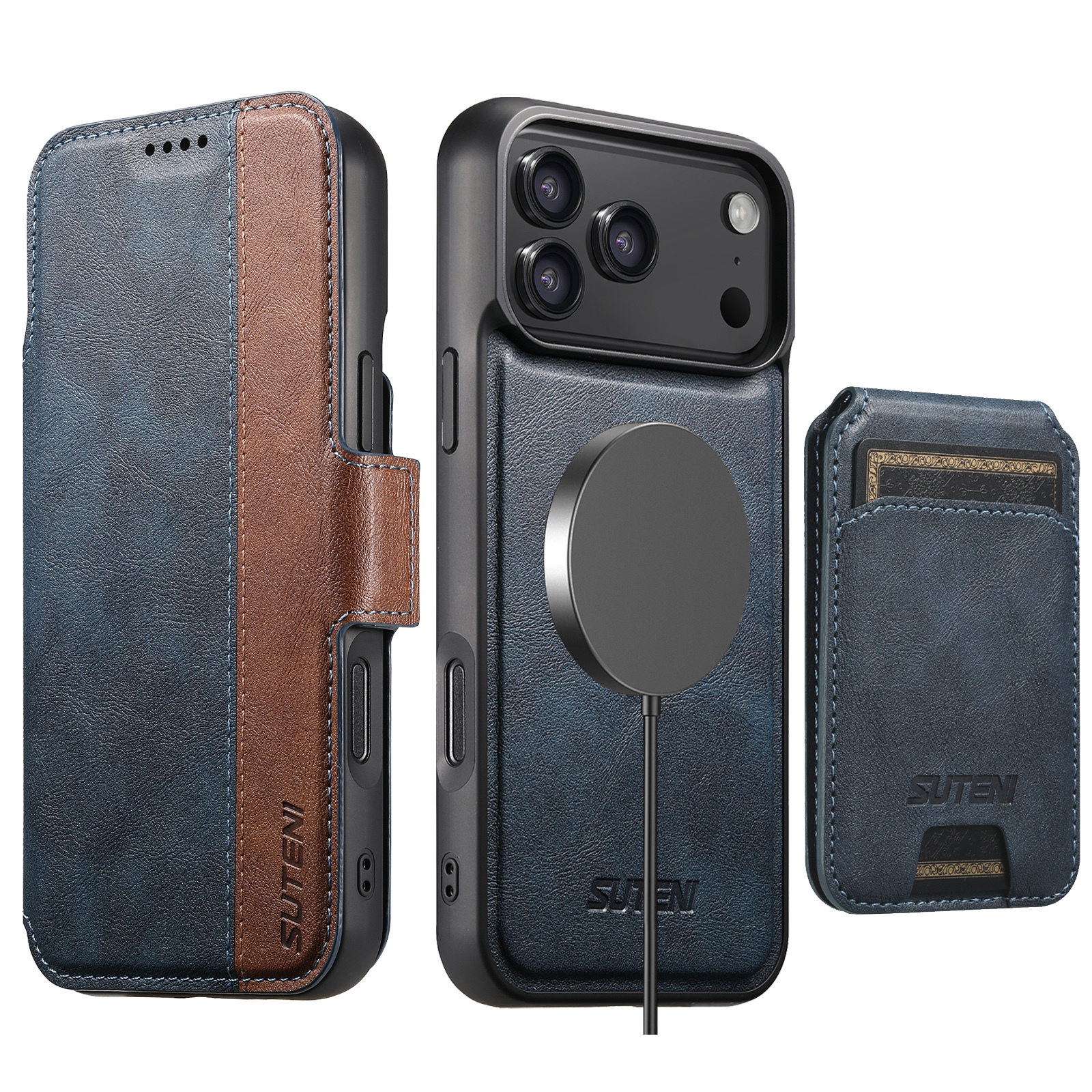 SUTENI Q07S2 Faux Leather Wireless Charging Card Holder Stand Wallet Magnetic Flip Cover Phone Case For iPhone 17 Pro Max 16 Plus 15 14 13 12