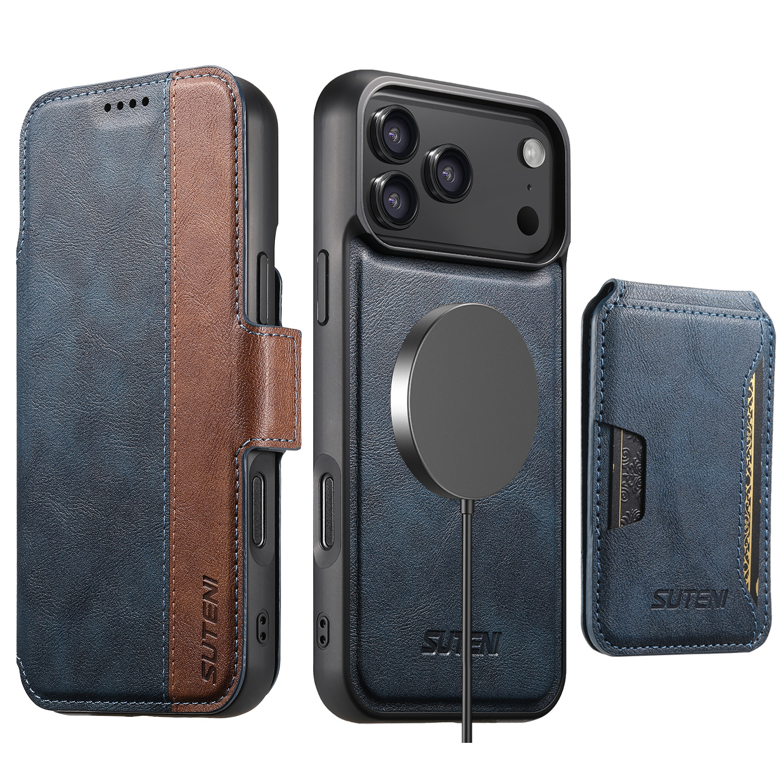 SUTENI Q07S3 Faux Leather Wireless Charging Card Holder Stand Wallet Magnetic Flip Cover Phone Case For iPhone 17 Pro Max 16 Plus 15 14 13 12