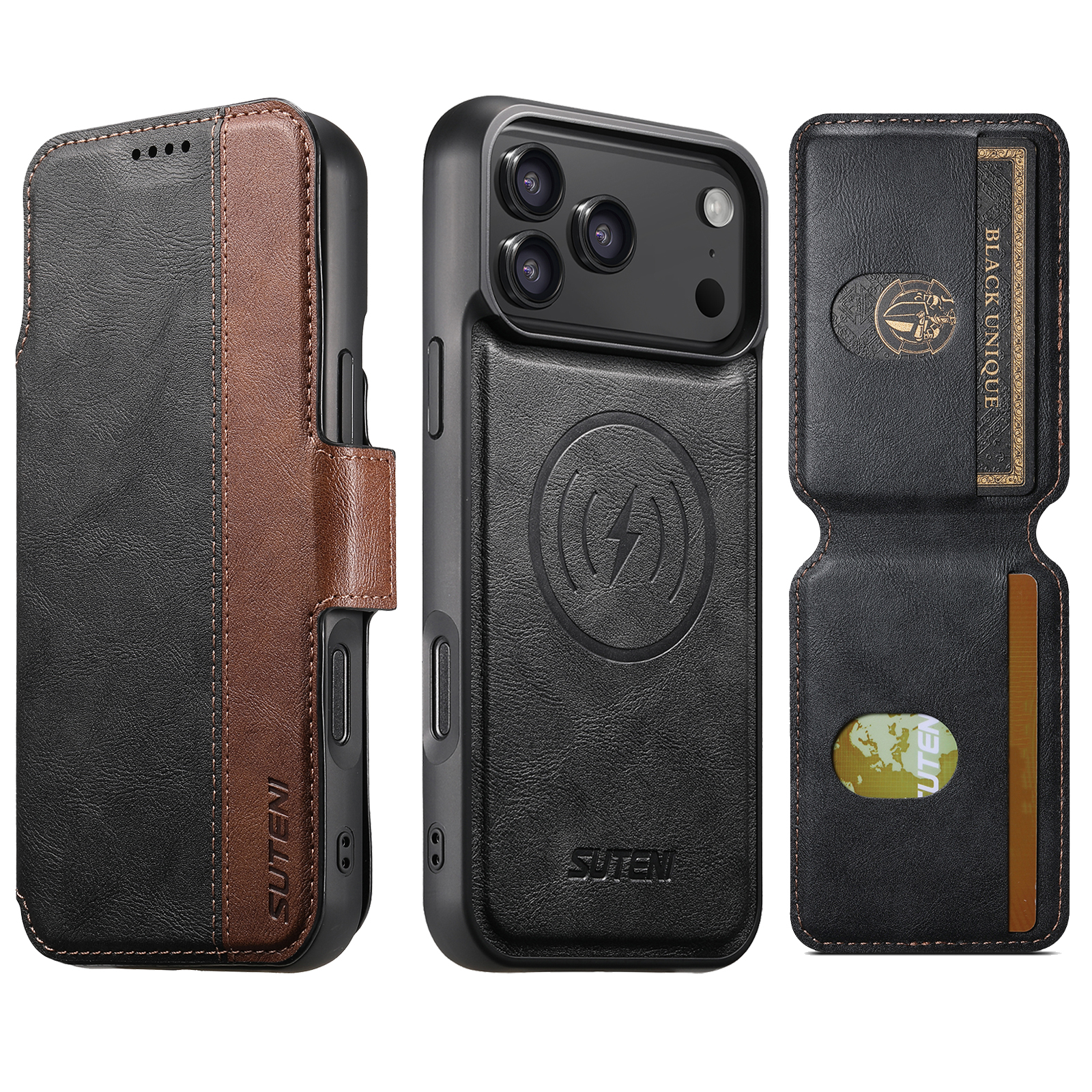SUTENI Q07S2 Faux Leather Wireless Charging Card Holder Stand Wallet Magnetic Flip Cover Phone Case For iPhone 17 Pro Max 16 Plus 15 14 13 12