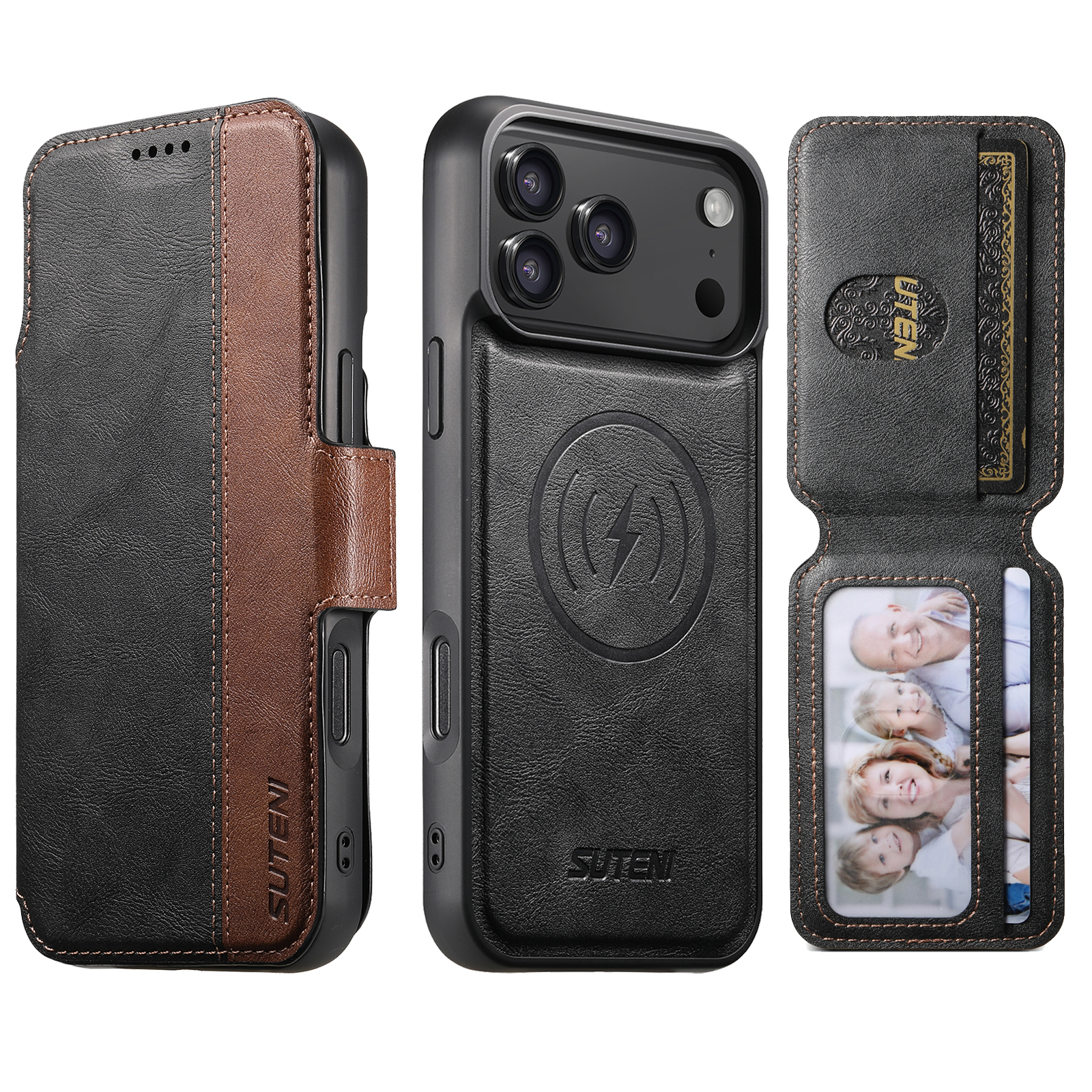 SUTENI Q07S3 Faux Leather Wireless Charging Card Holder Stand Wallet Magnetic Flip Cover Phone Case For iPhone 17 Pro Max 16 Plus 15 14 13 12