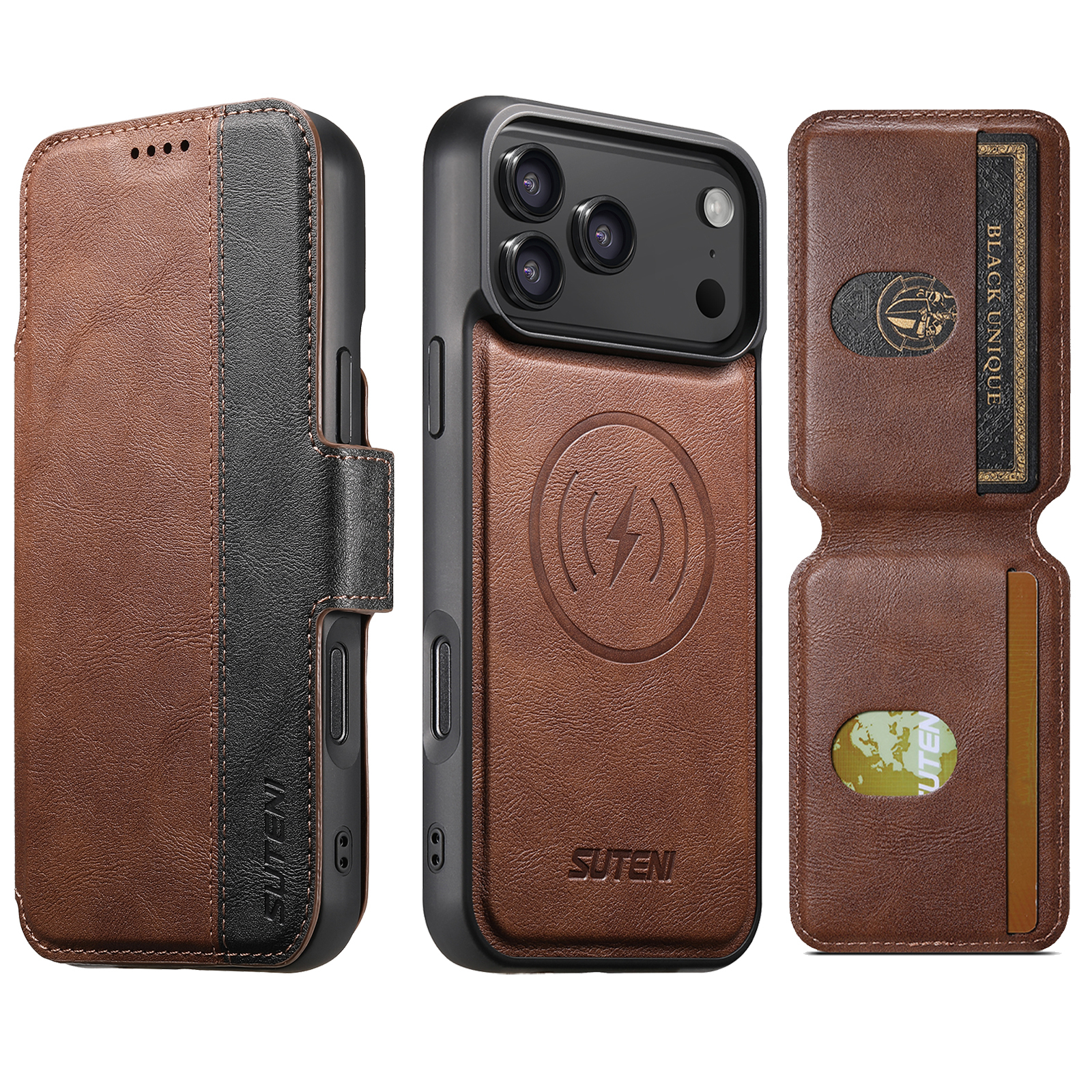 SUTENI Q07S2 Faux Leather Wireless Charging Card Holder Stand Wallet Magnetic Flip Cover Phone Case For iPhone 17 Pro Max 16 Plus 15 14 13 12
