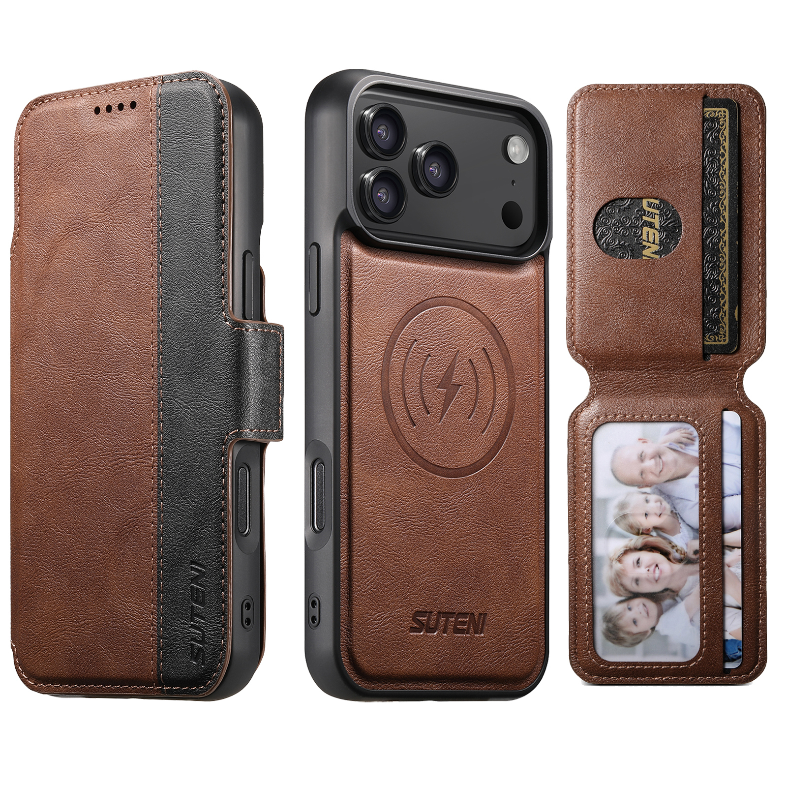 SUTENI Q07S3 Faux Leather Wireless Charging Card Holder Stand Wallet Magnetic Flip Cover Phone Case For iPhone 17 Pro Max 16 Plus 15 14 13 12