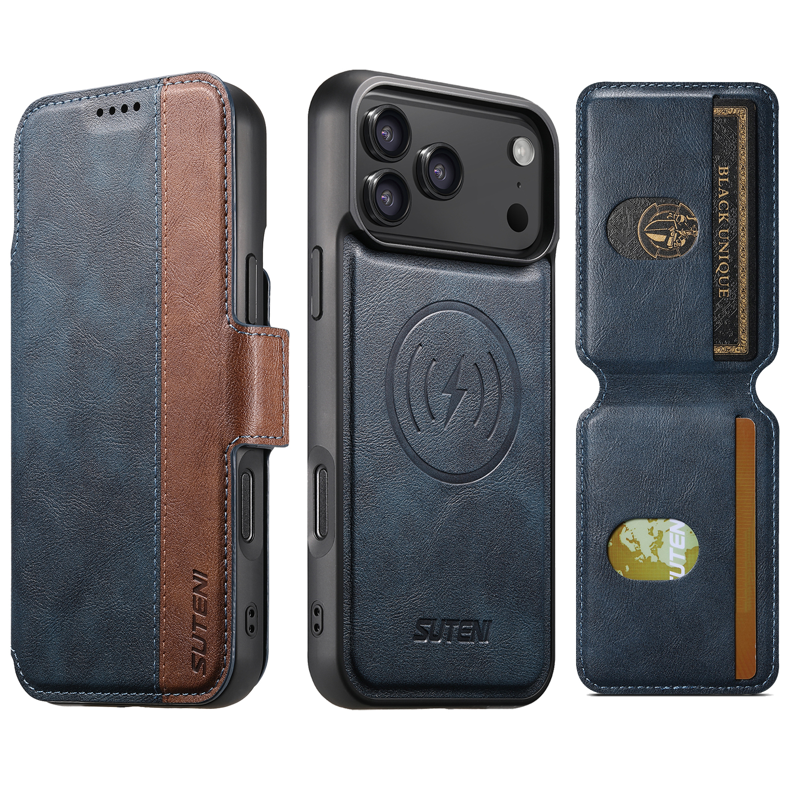 SUTENI Q07S2 Faux Leather Wireless Charging Card Holder Stand Wallet Magnetic Flip Cover Phone Case For iPhone 17 Pro Max 16 Plus 15 14 13 12