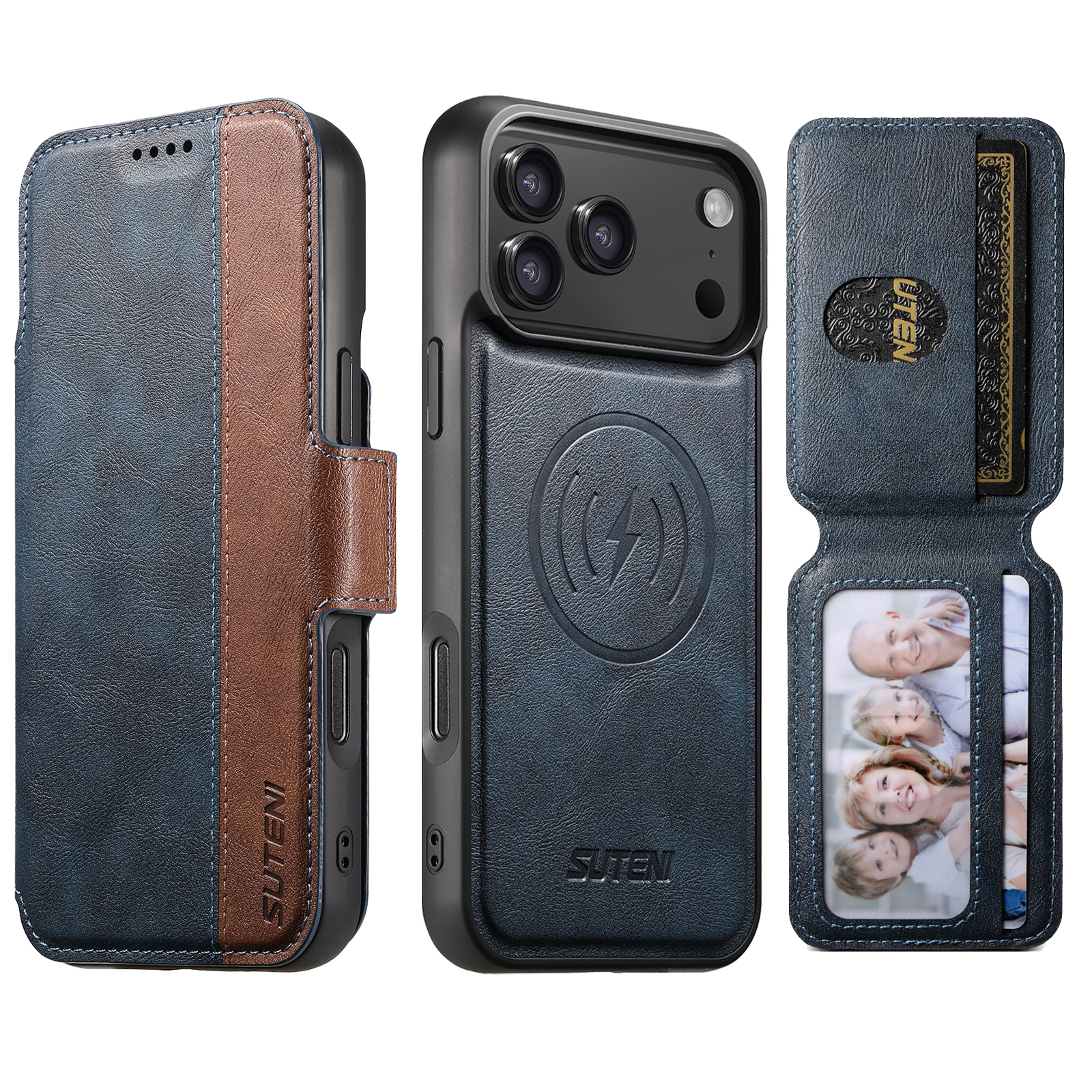 SUTENI Q07S3 Faux Leather Wireless Charging Card Holder Stand Wallet Magnetic Flip Cover Phone Case For iPhone 17 Pro Max 16 Plus 15 14 13 12