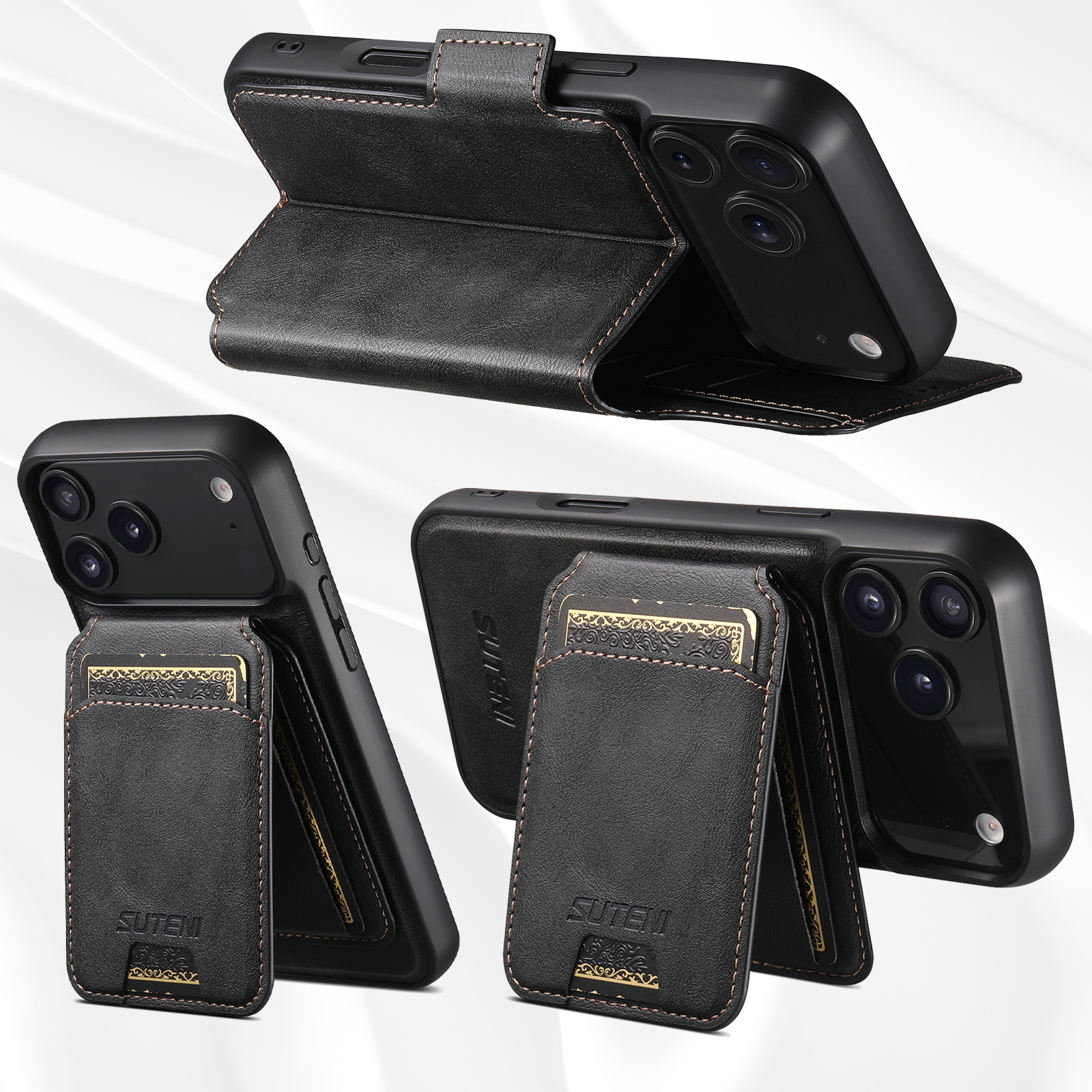 SUTENI Q07S2 Faux Leather Wireless Charging Card Holder Stand Wallet Magnetic Flip Cover Phone Case For iPhone 17 Pro Max 16 Plus 15 14 13 12