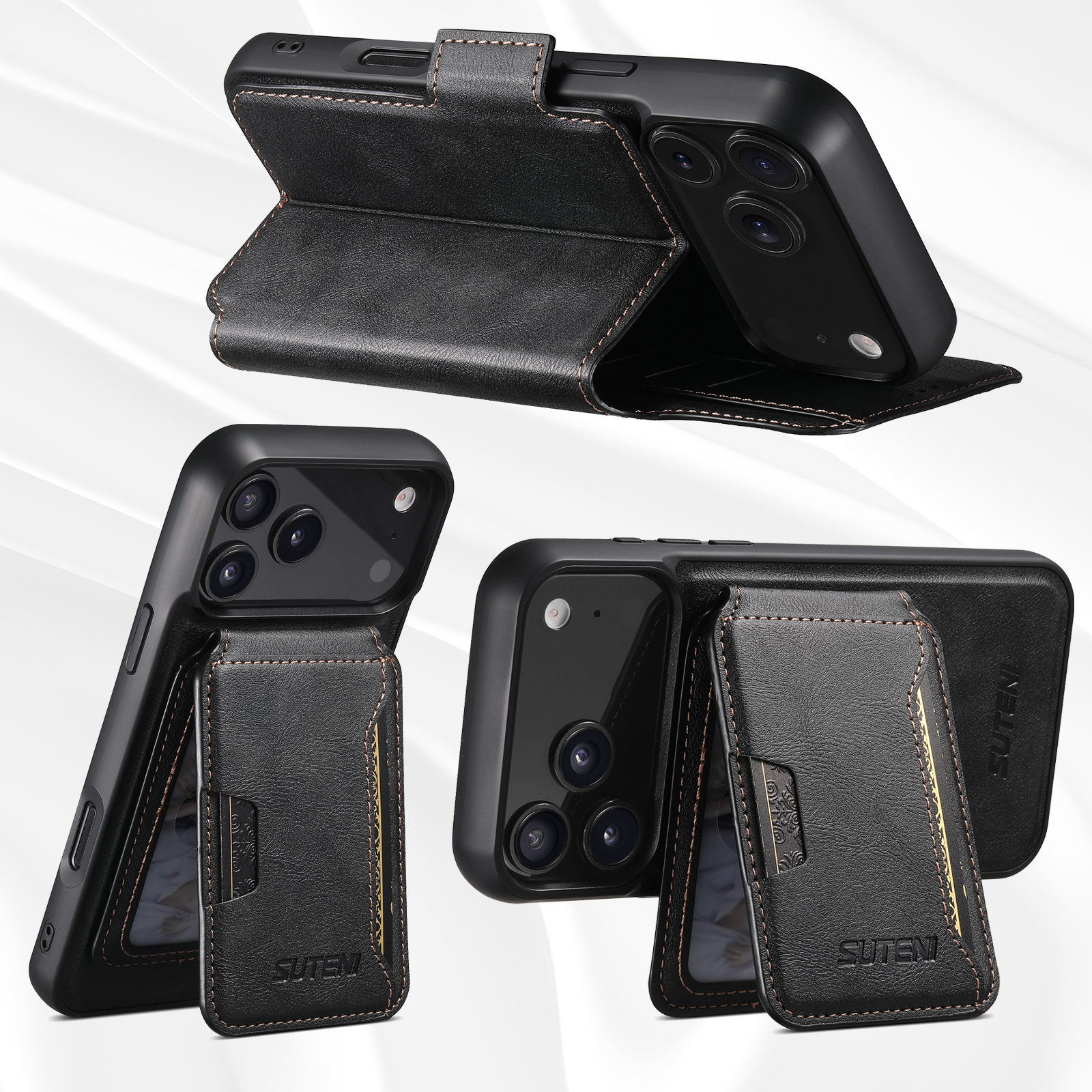 SUTENI Q07S3 Faux Leather Wireless Charging Card Holder Stand Wallet Magnetic Flip Cover Phone Case For iPhone 17 Pro Max 16 Plus 15 14 13 12